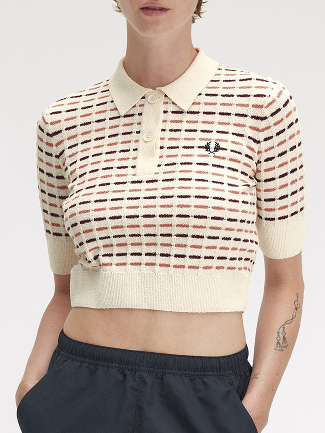 Fred Perry Women Printed Crochet Slim Fit Polo Collar Crop T-shirt