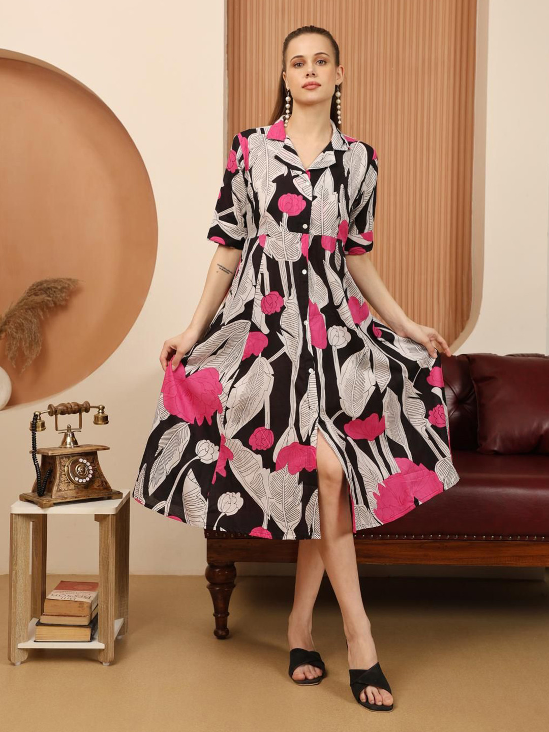 House Of Attire Women Floral Printed Shift Midi Dress