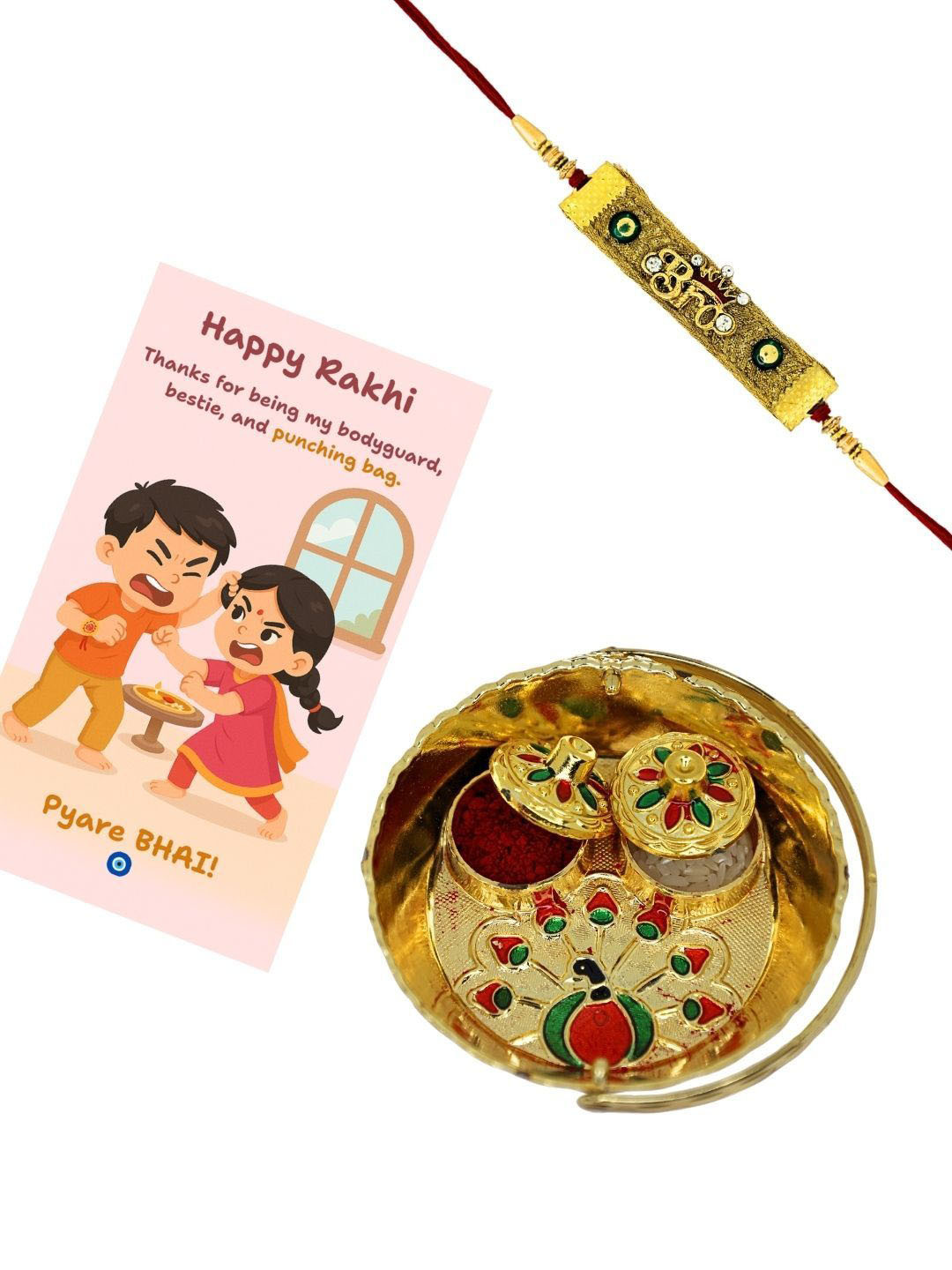Anouk Set Of 3 Stones Studded And Beaded BRO Thread Rakhis With Card & Pooja Thali