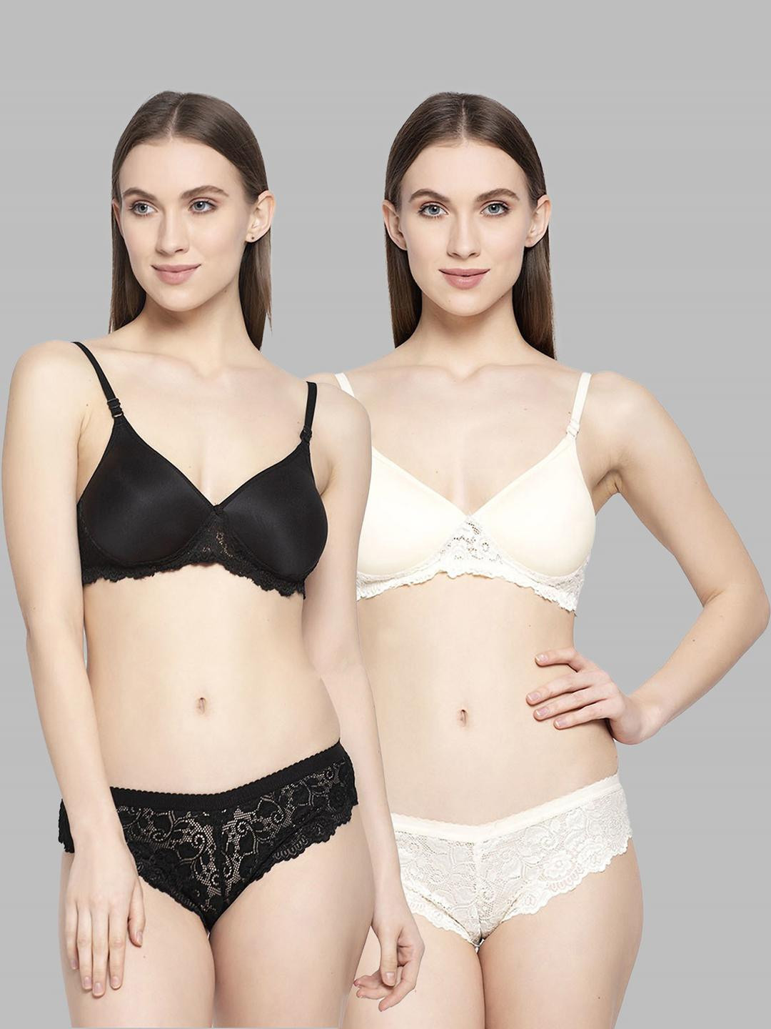 Women Black,Brown Cotton Blend Bra Panty Set for Lingerie Set Undergarments Pack of 2