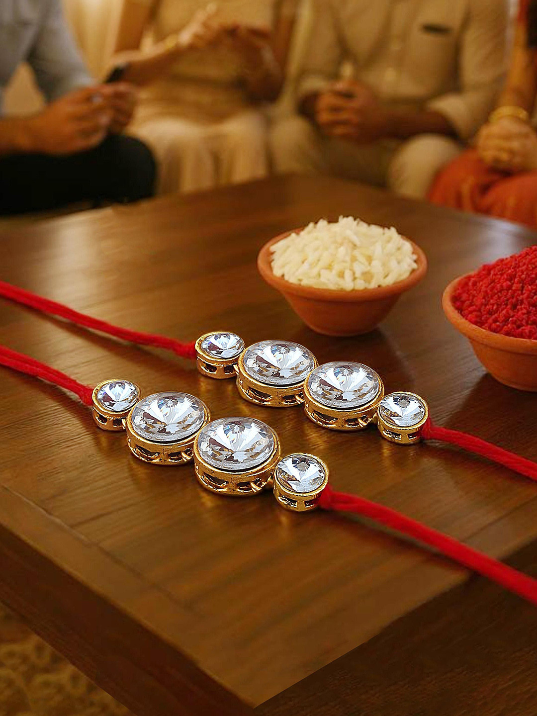 LUCKY JEWELLERY Set Of 2 Gold-Plated Rakhi With Roli Rice & Greeting Card