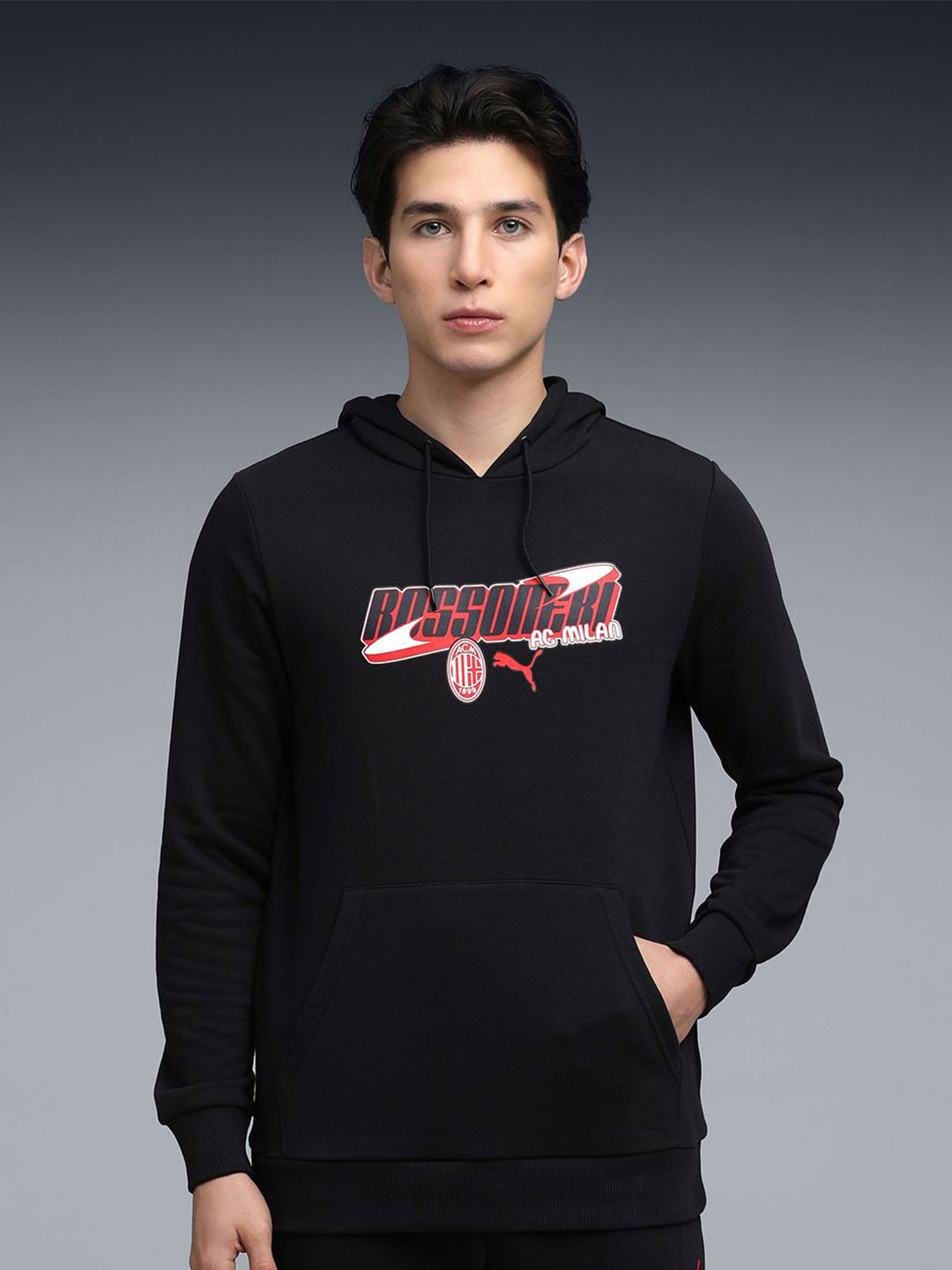 Puma ACM Football Culture Men Regular Fit Graphic Printed Ribbed Pullover Cotton Hoodie