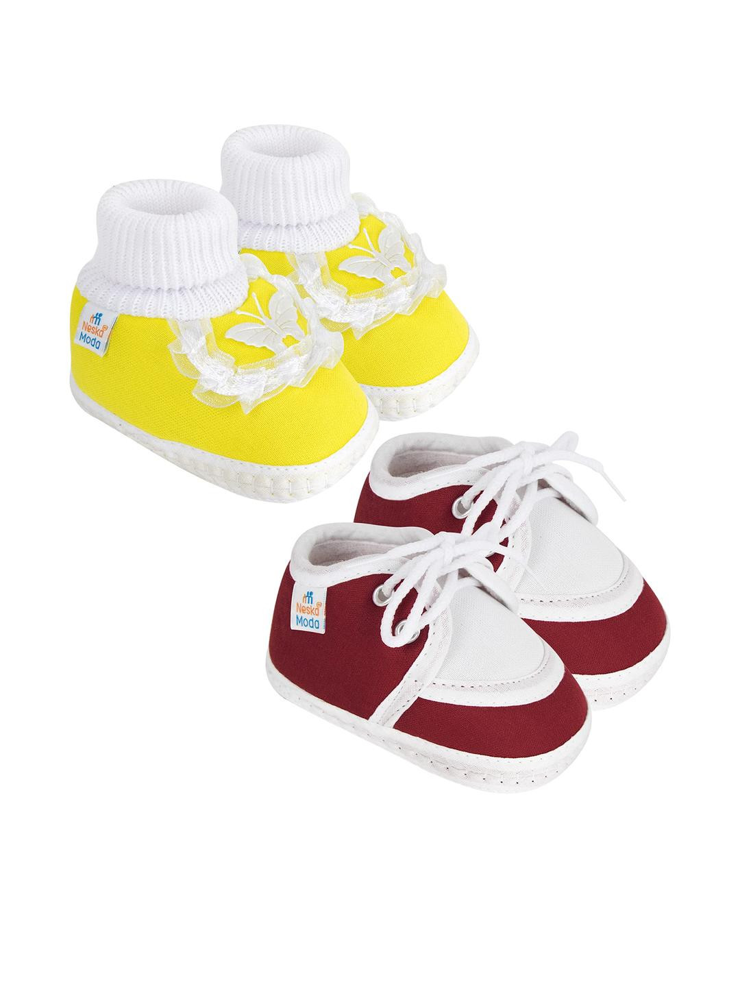 Neska Moda 0 To 6 Months Baby Pack Of 2 Pair Cotton Butterfly Frill Newborn Soft Infant Booties (Toe to Heel Length - 10 cm, Yellow, Maroon)