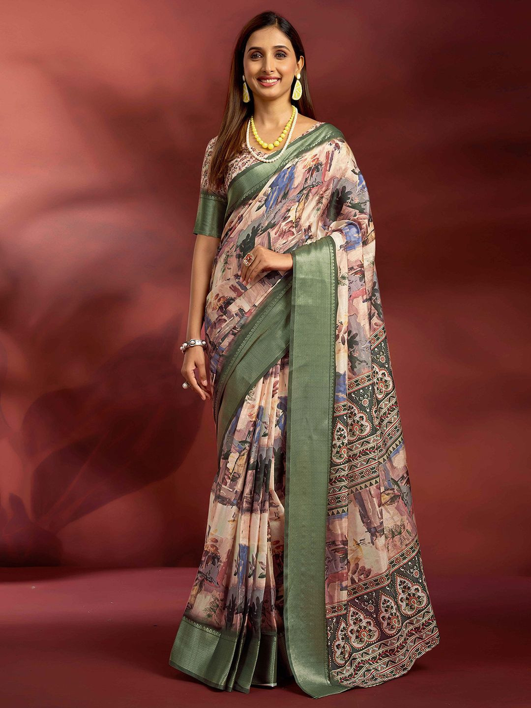 Mitera Woven Design Floral Print Zari Ready to Wear Saree
