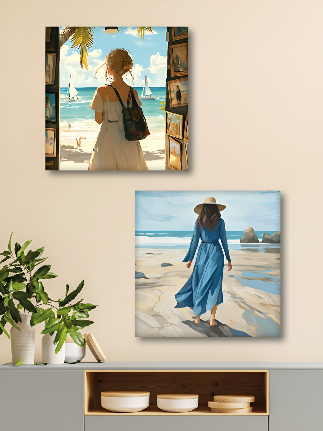 Aura Blue & Brown 2 Pieces Women Vaction Printed Canvas Wall Arts