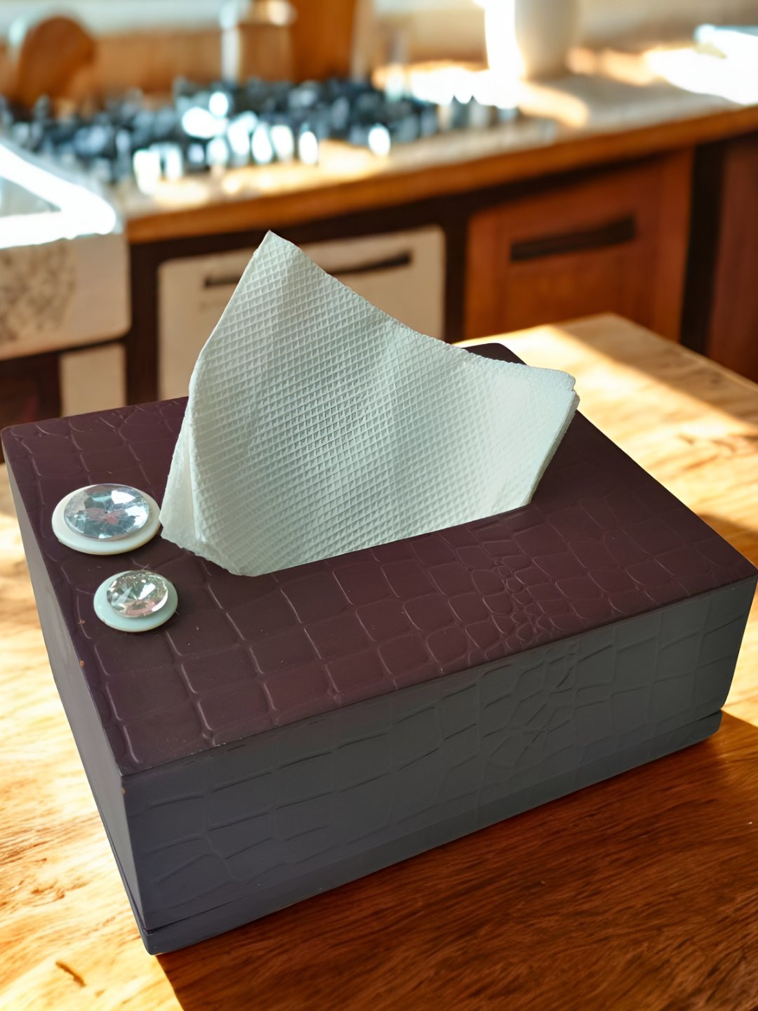THE HOME CO. Brown Wooden Diamond Stone Studded Tissue Holder