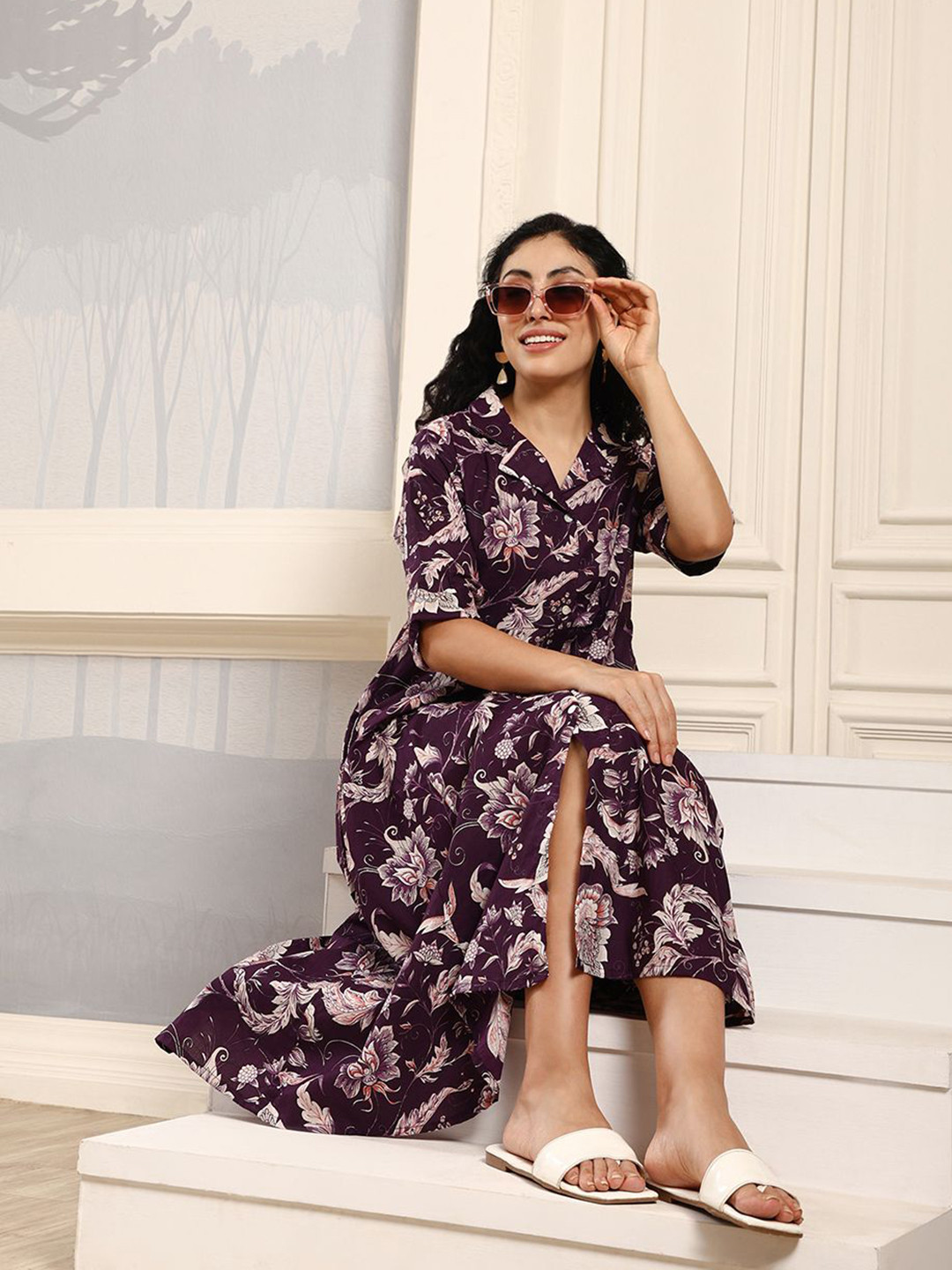 House Of Attire Women Cotton Floral Printed A-Line Dress