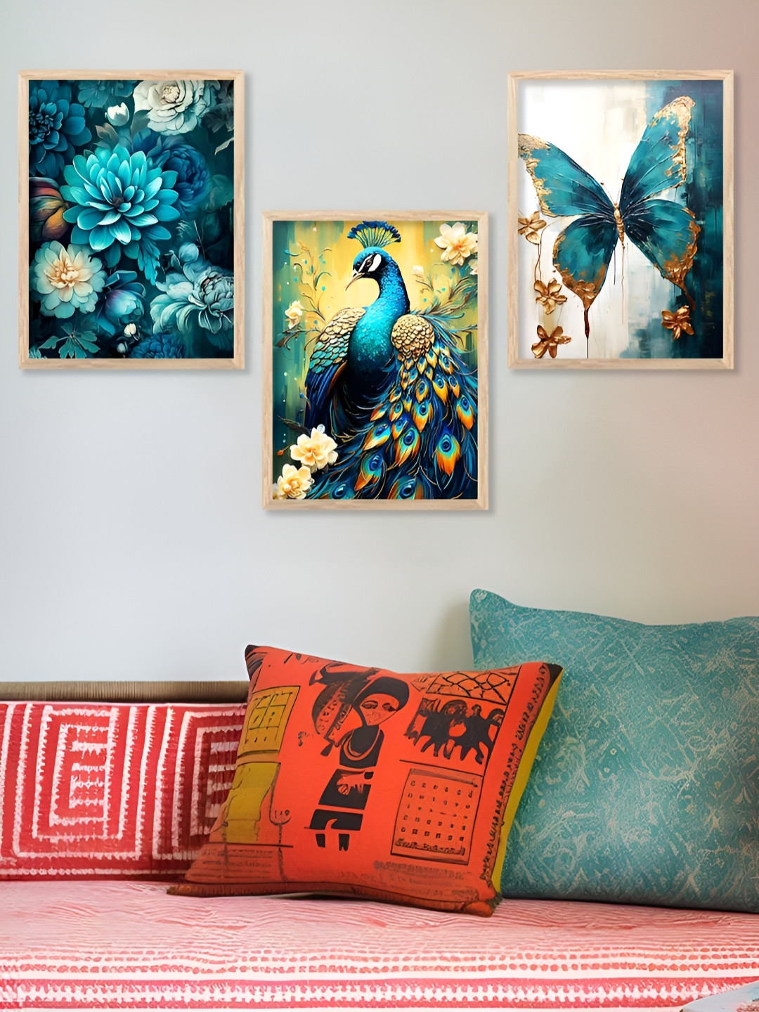 Kotart Teal Blue & White 3 Pieces Wooden Floral and Botanical Wall Arts