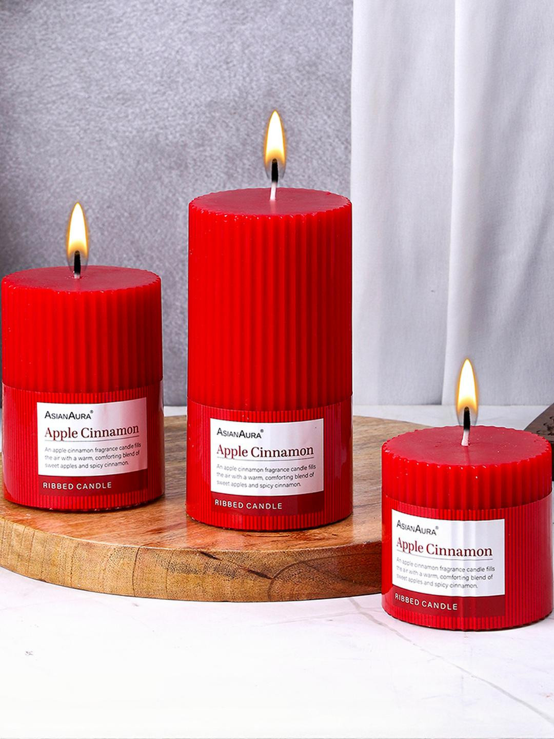 Asian Aura Ribbed Candle Home dcor 3Pcs Apple Cinnamon Solid Pillar Candles