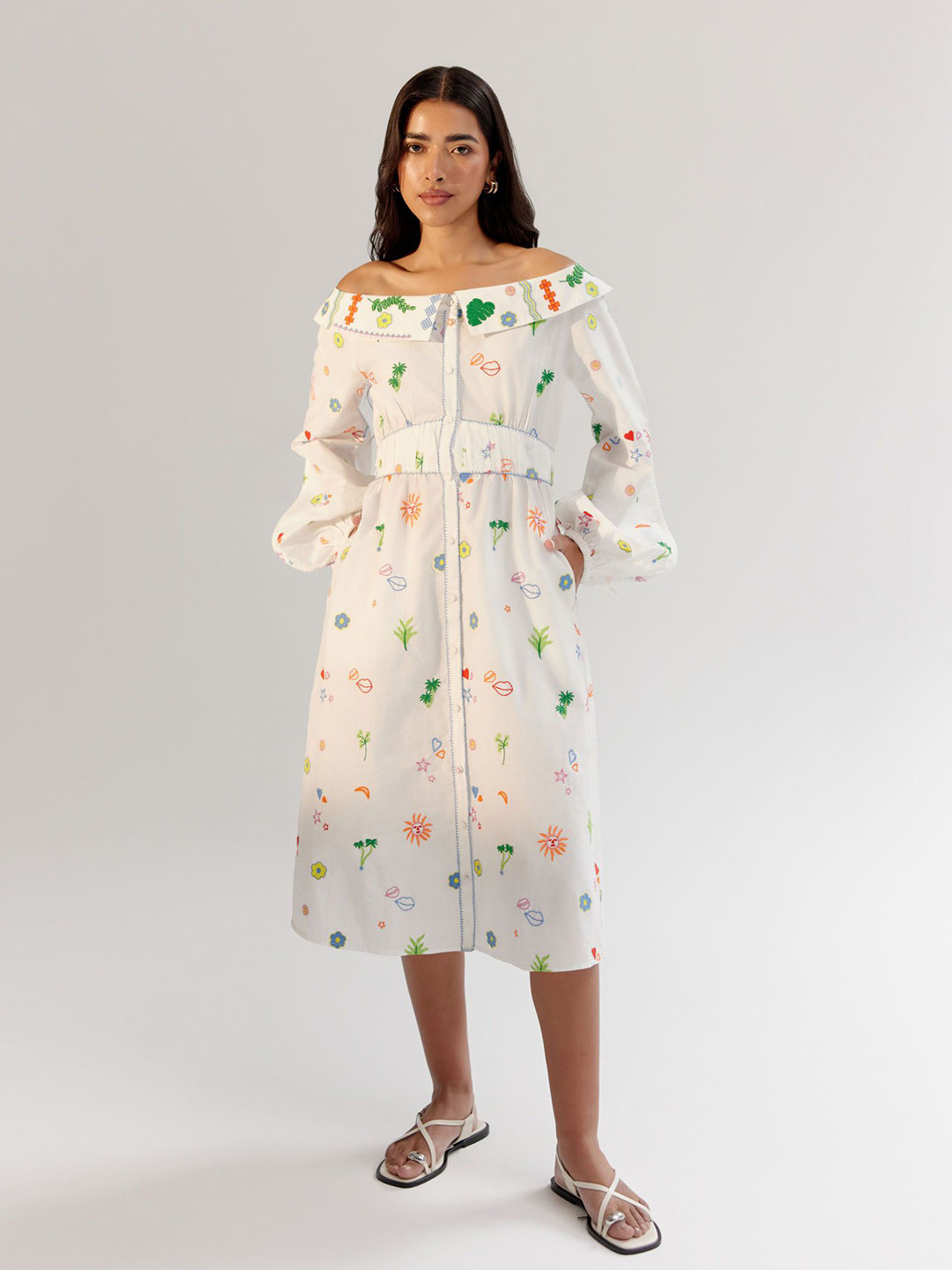 NOIB Sage Women Conversational Printed Off-Shoulder A-Line Midi Dress