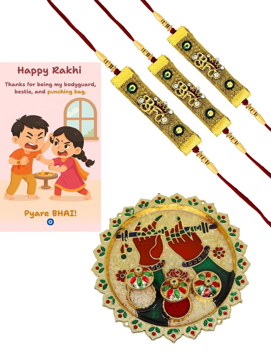 Anouk Set Of 3 Bro Rakhis With Pooja Thali Greeting Card & Roli Chawal