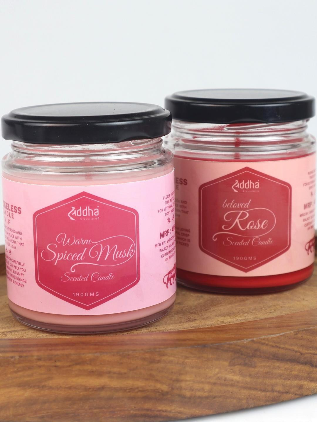 Shraddha Creation Pure Soy Wax Pink Coconut Fragrance Home Decor 2Pcs Spiced Musk, Rose Jar Candles