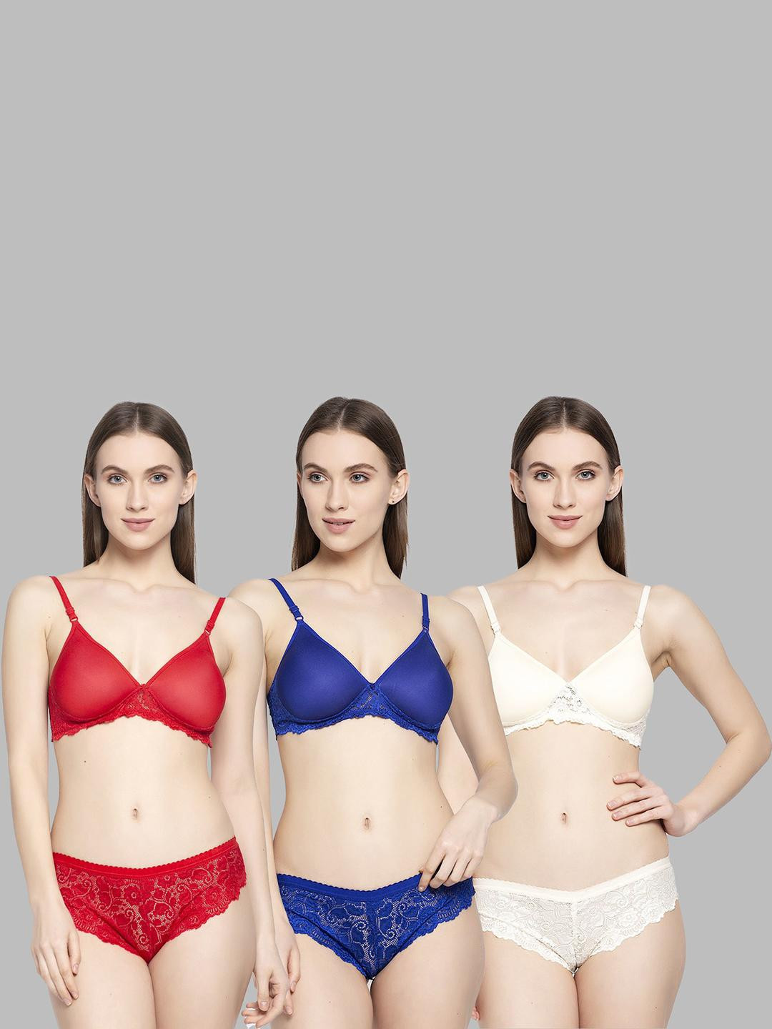 Women Red,Blue,Brown Cotton Blend Bra Panty Set for Lingerie Set Undergarments Pack of 3