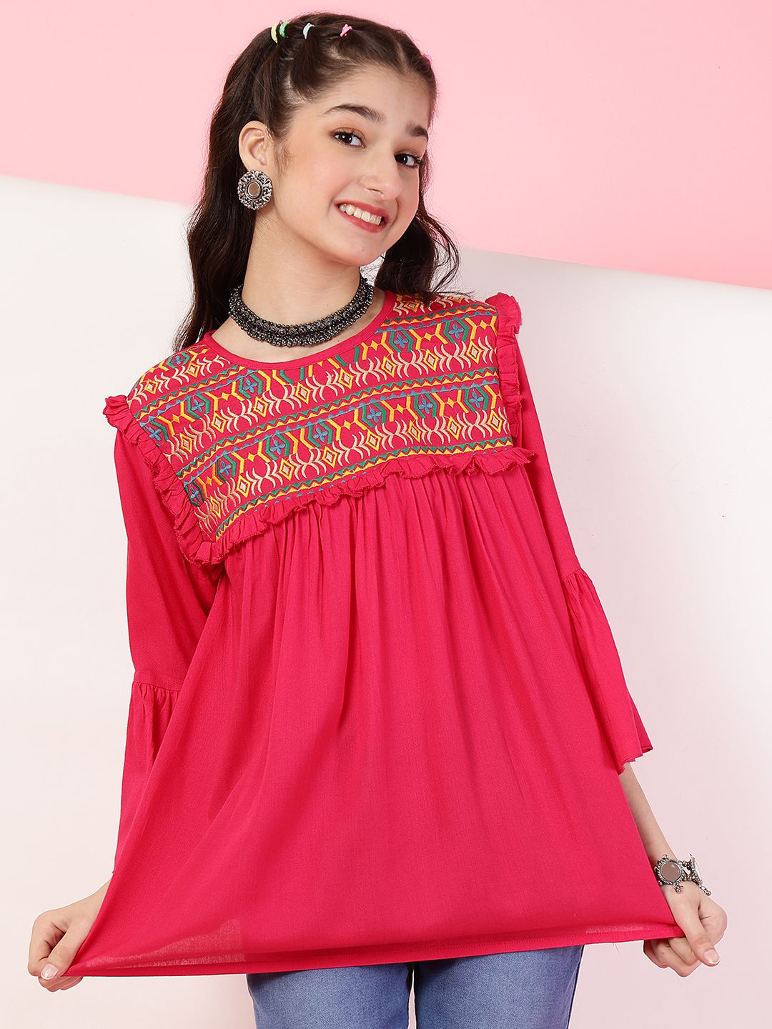 Miss & Chief Girls Geometric Embroidered Round Neck Flared Sleeve Top