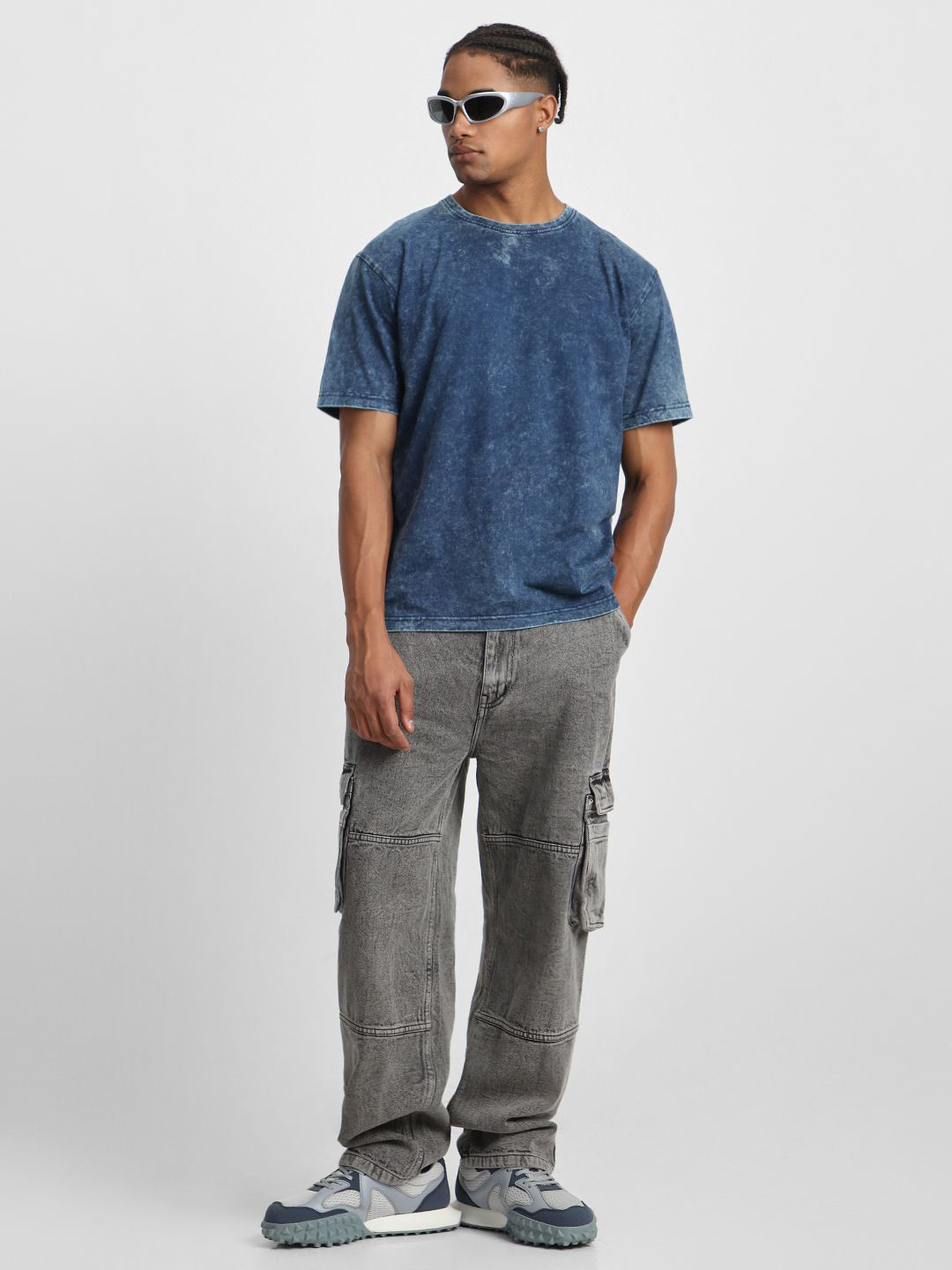 VEIRDO Men Blue Acid Wash Printed Drop-Shoulder Sleeves Pure Cotton Oversize T-shirt