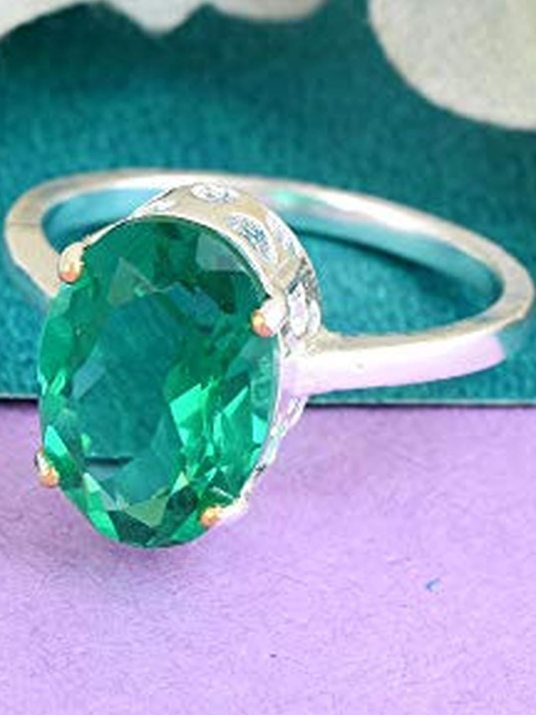 Brass Silverplated High Crown Faux Columbian Emerald Fingerring Men Women