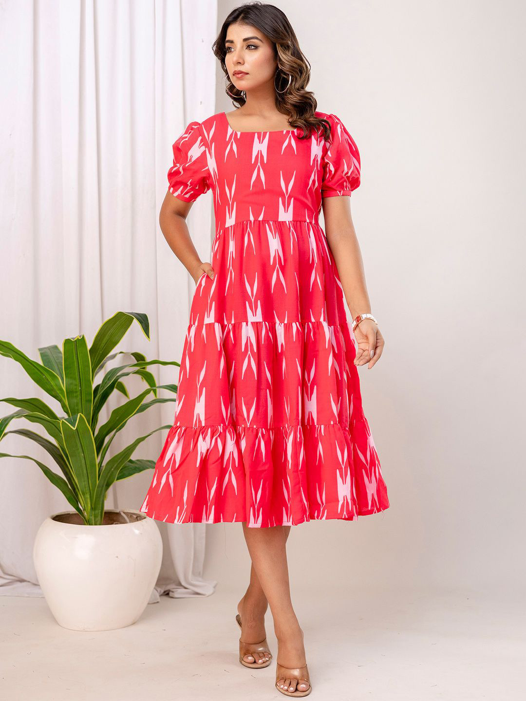 SHINISHA Women Ikat Print Puff Sleeve Fit & Flare Tiered Midi Dress