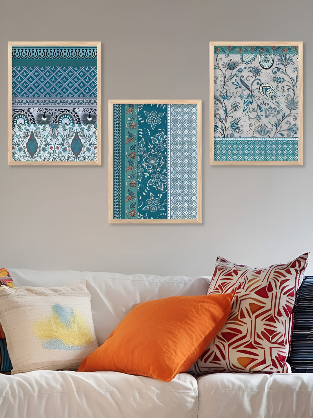Kotart Brown, Blue & Grey 3 Pieces Floral And Botanical Wooden Wall Arts