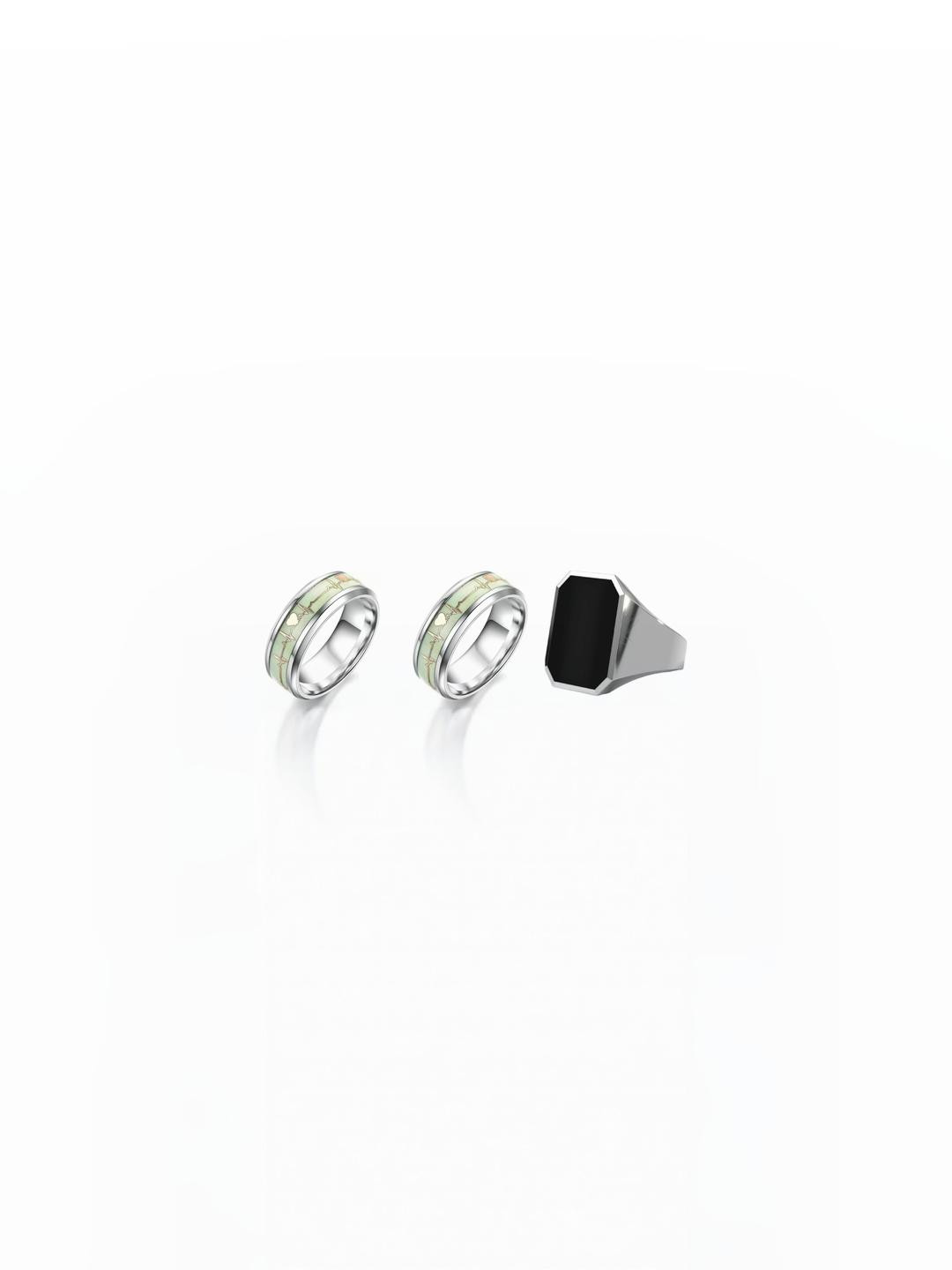 Dynamic Retail Global Set of 3 Ring for Men, Silver-Black Alloy Ring ()