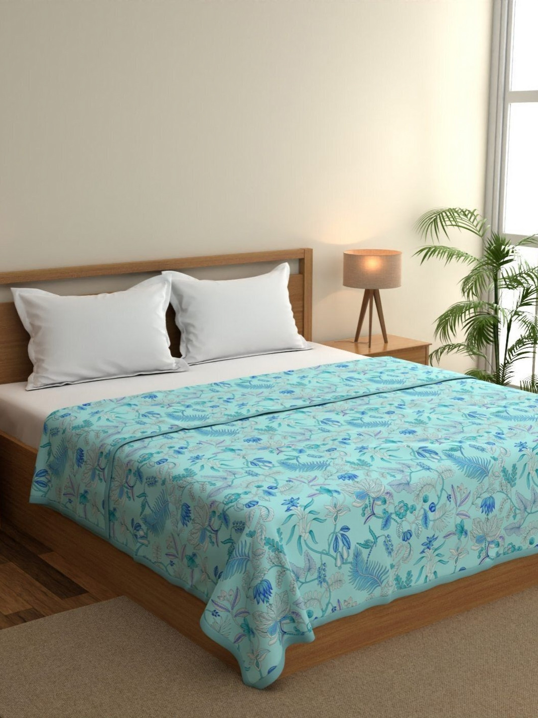 home expressions Meadow Sea Green & Blue Floral Cotton AC Room 150 GSM Double Bed Dohar