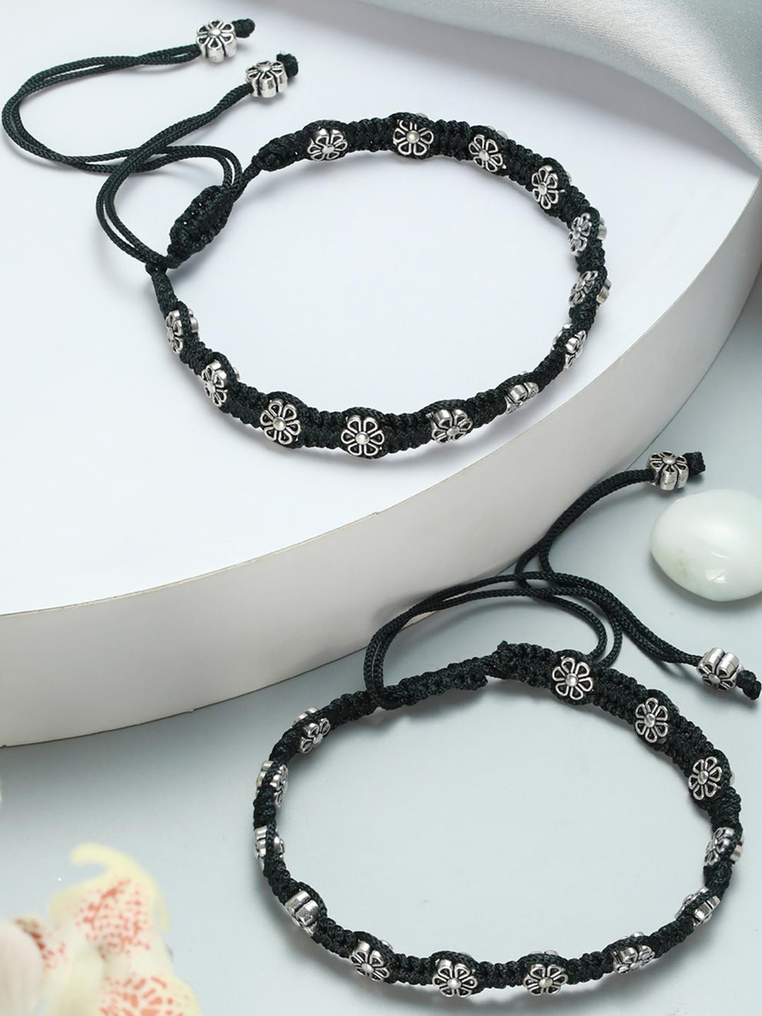 Set of 2 Floral Black Thread Anklets/Bracelet