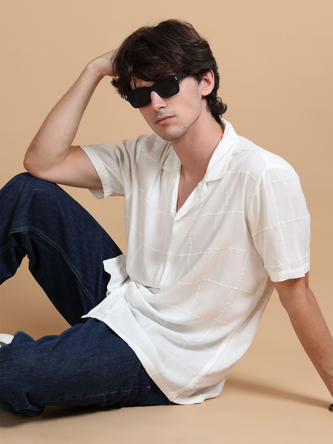 StitchX Men Short Sleeve Textured Cuban Collar Shirt