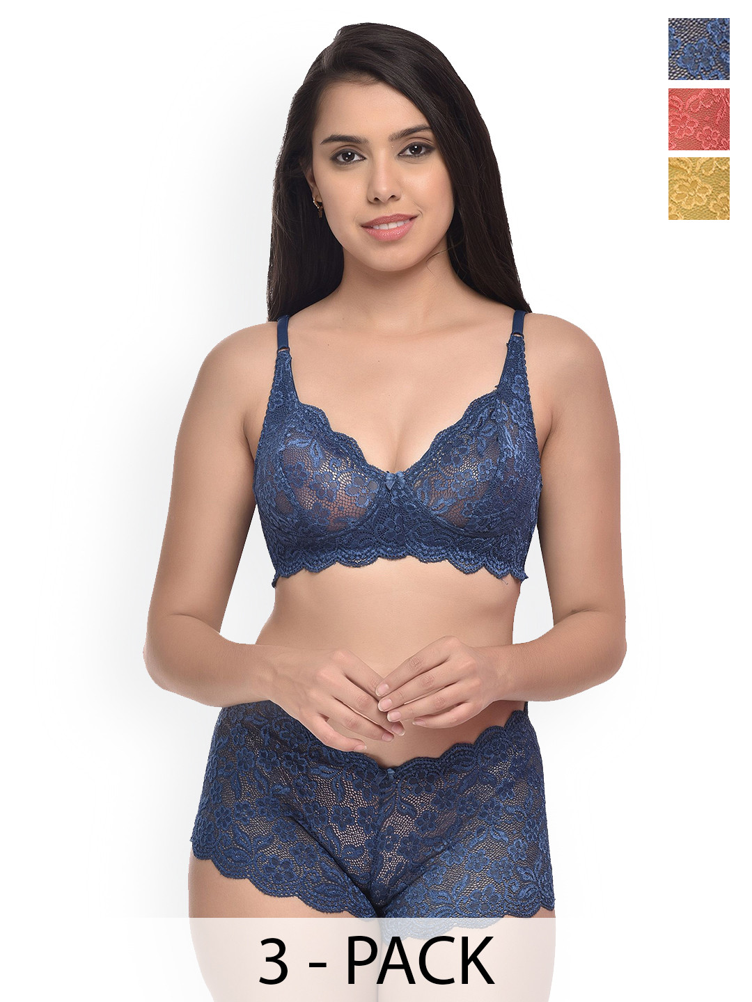 Samvar Pack Of 3 Self-Designed Non-Padded  Lingerie Set  Rain-Set_Red,Yellow,Blue