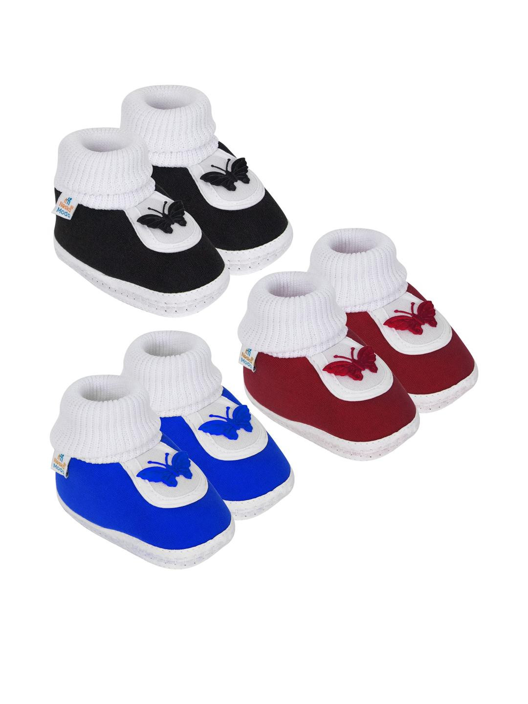 Neska Moda 0 To 12 Months Baby Boys & Baby Girls Pack of 3 Pair Soft Cotton Butterfly Baby Booties (Toe to Heel Length - 12 cm, Black, Blue, Maroon)