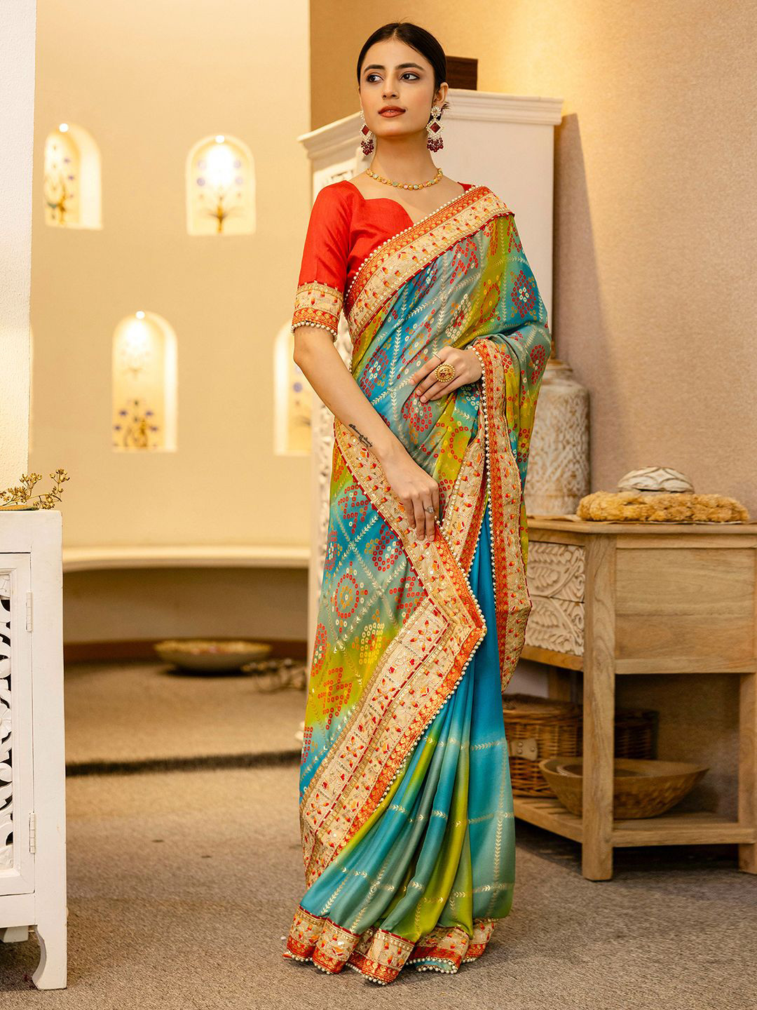 Satrani Bandhani Beads and Stones Bandhani Saree