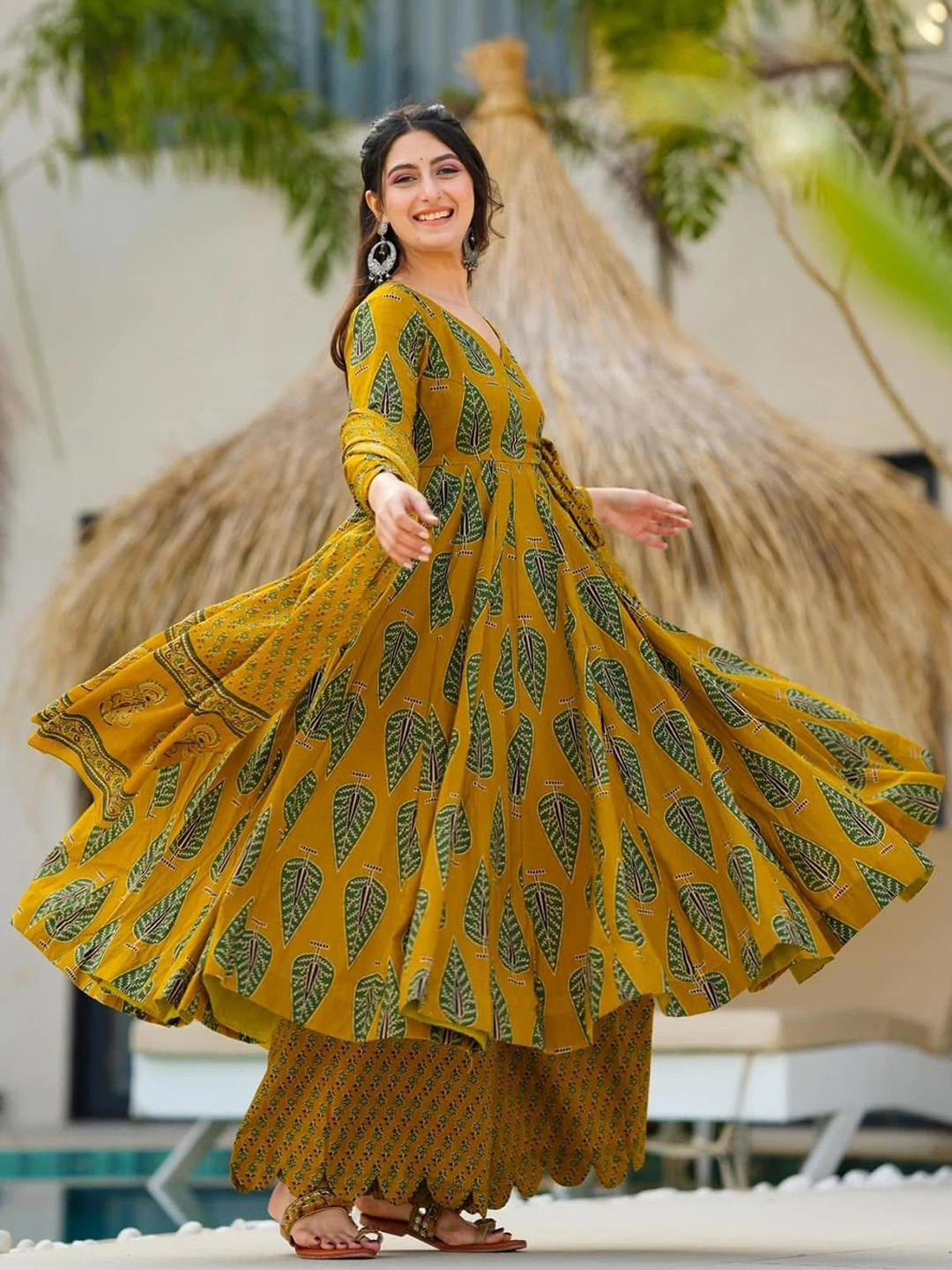 Wedani Floral Printed Thread Work V-Neck Angrakha Kurta With Palazzos And Dupatta