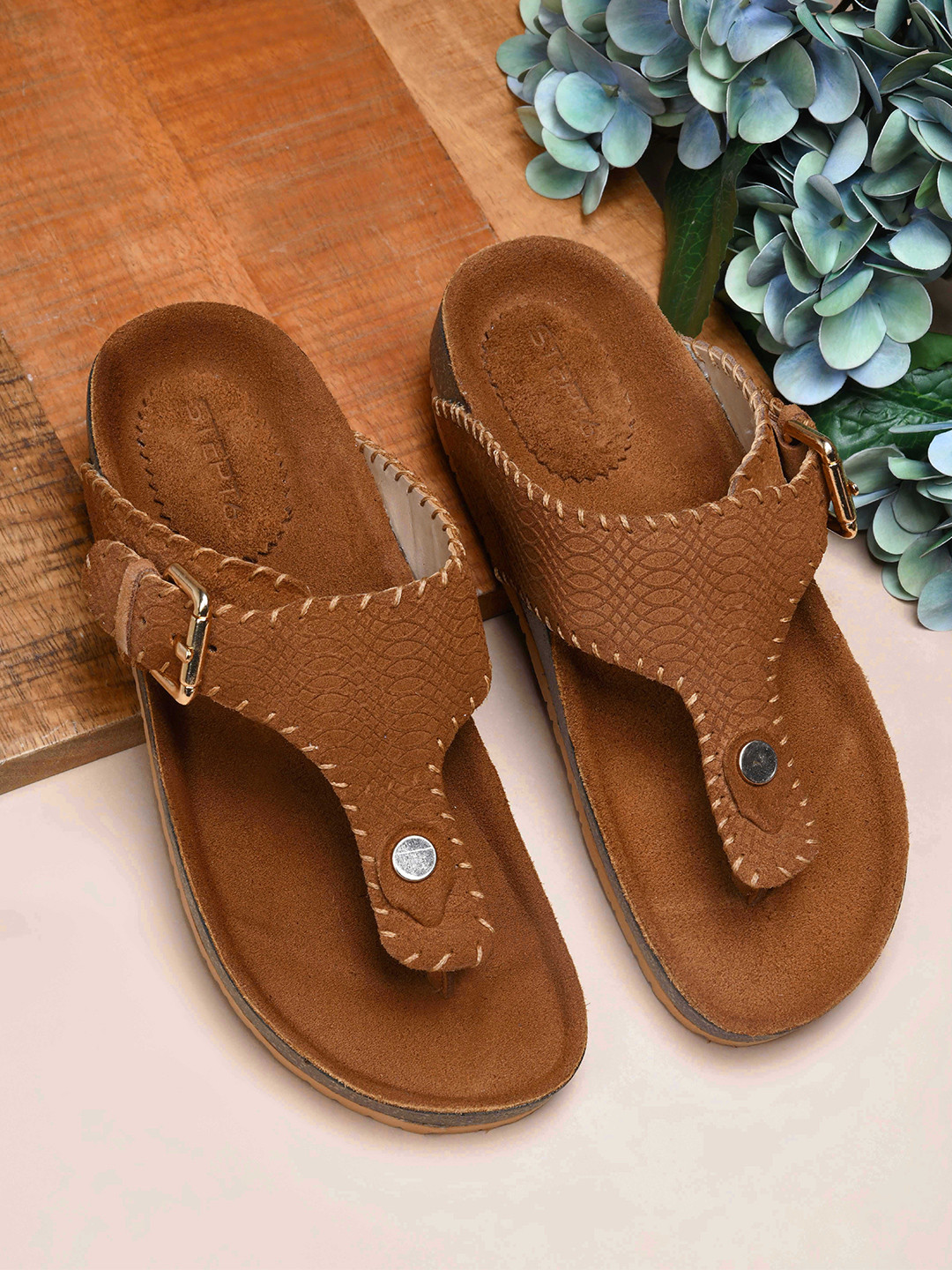 STEPT6 Women Faux Leather  Zahreno Memory Foam Insole & Anti-Skid TPR Sole T-Strap Flats