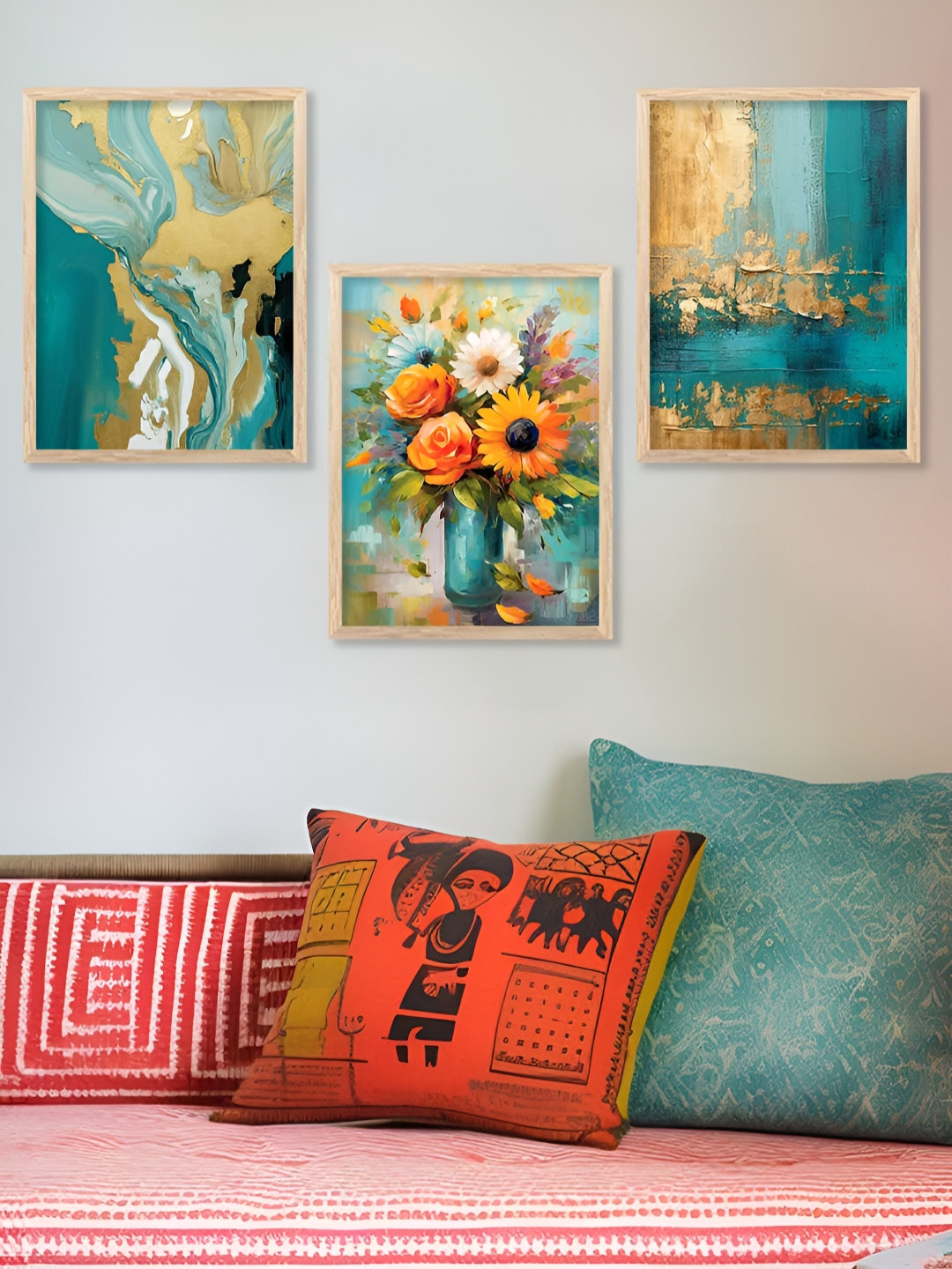 Kotart Teal Blue & Orange 3 Pieces Wooden Floral and Botanical Wall Arts