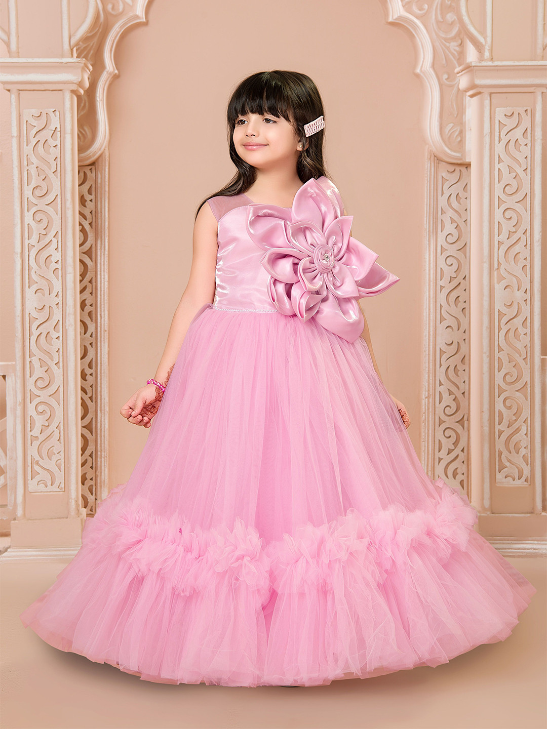 Ministitch Girls Floral Applique Tulle Net Maxi Dress