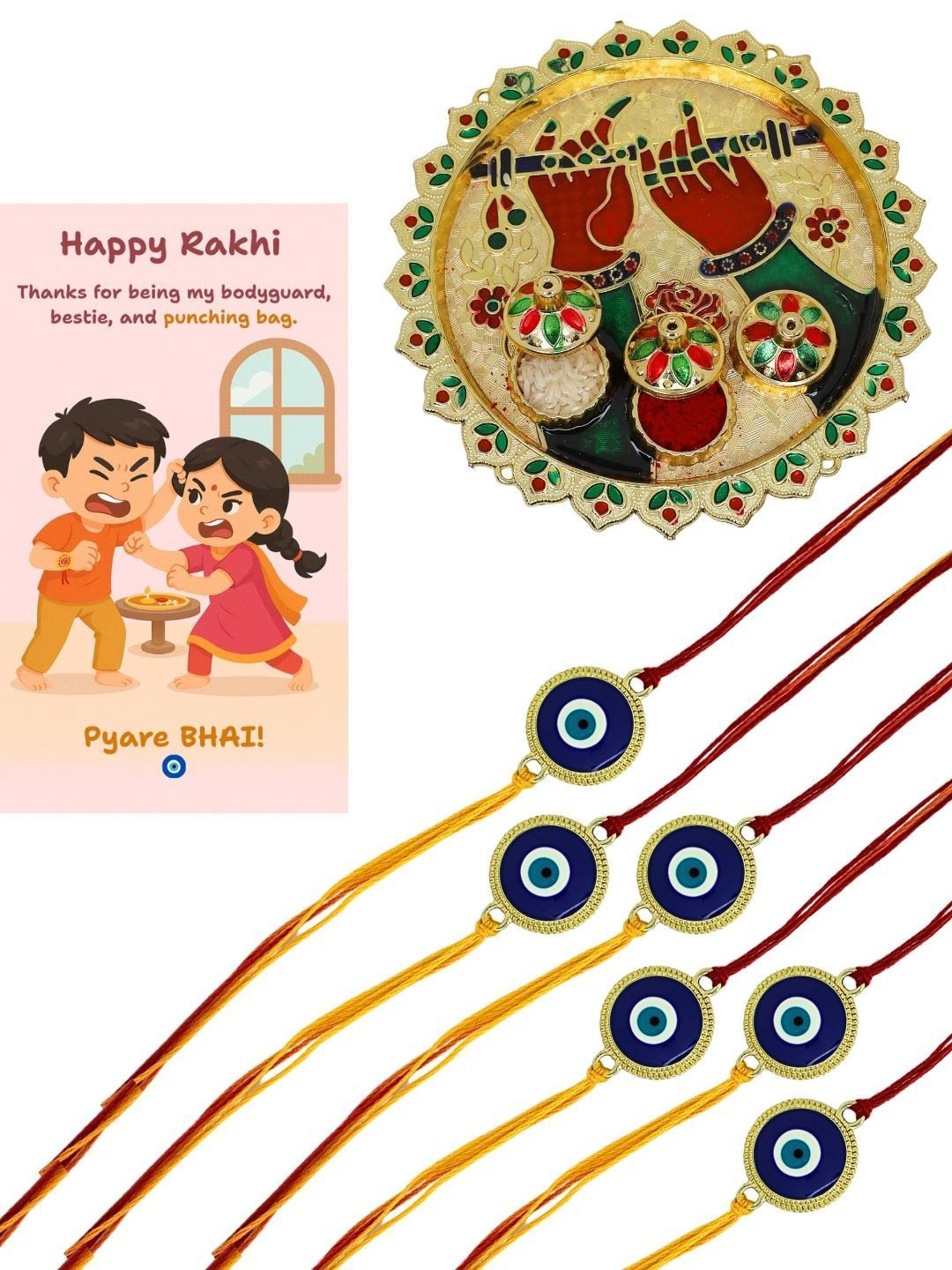 Anouk Set Of 6 Evil Eye Rakhi With Funny Card & Pooja Thali