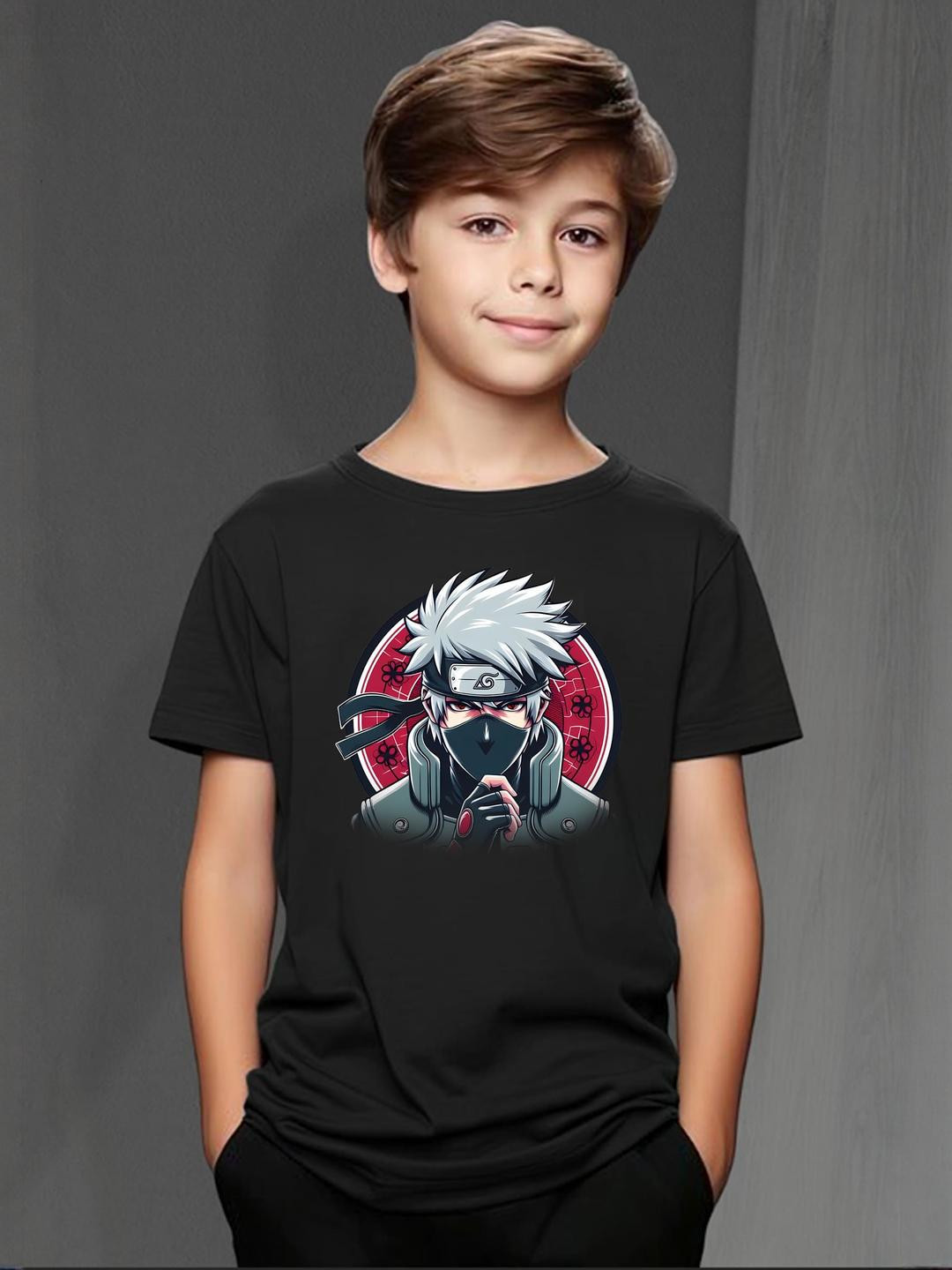 Black Kakashi Anime Graphic Print T-Shirt