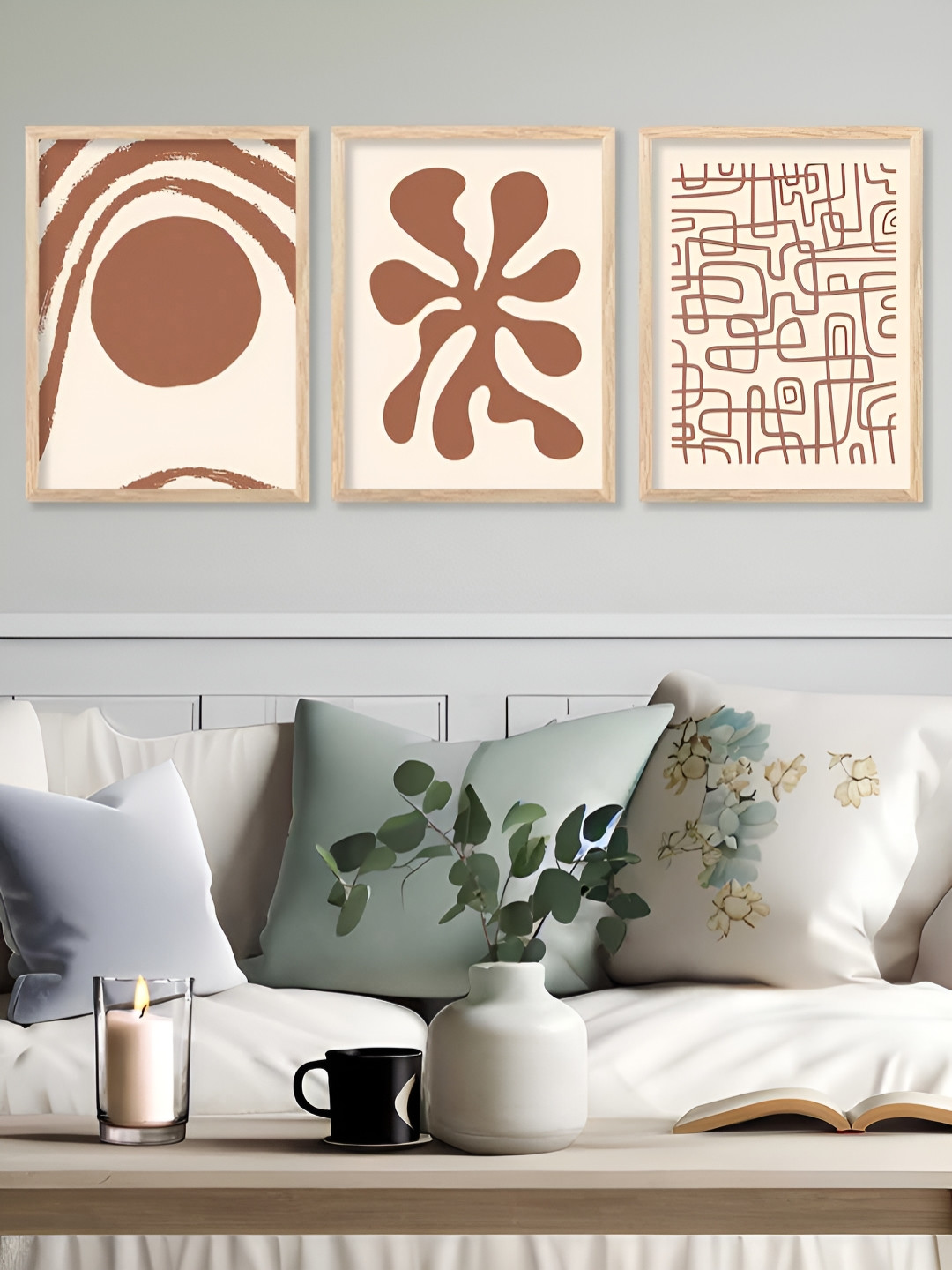 Kotart Brown & Beige 3 Pieces Wooden Modren Painting Wall Arts