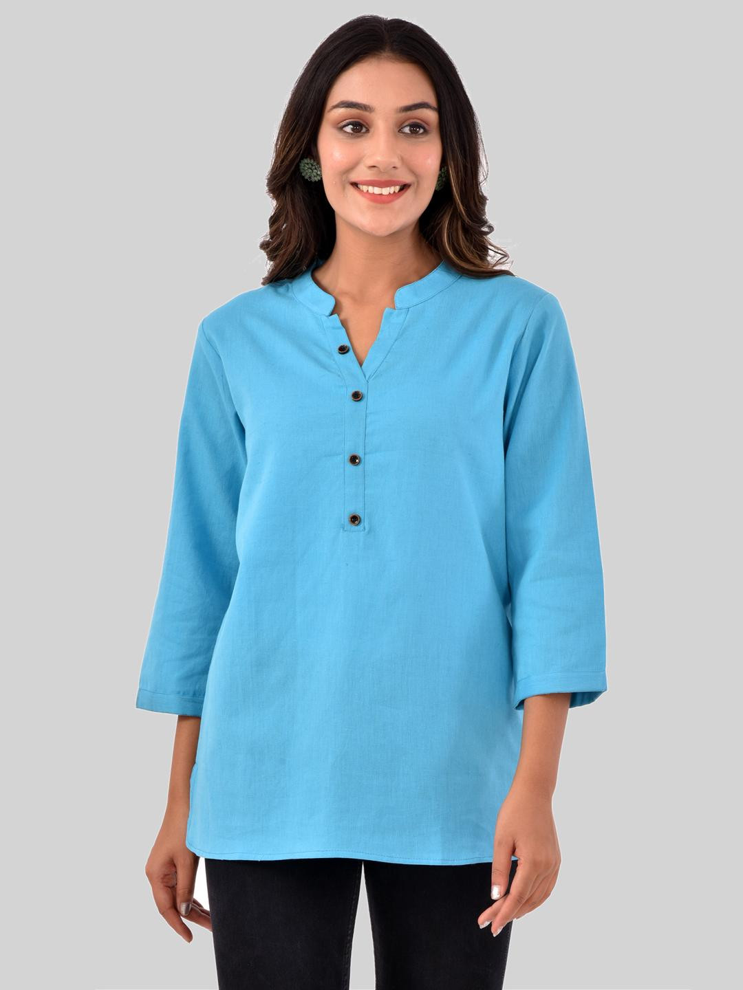 QUACLO Women Solid Mandarin Collar Cotton Top