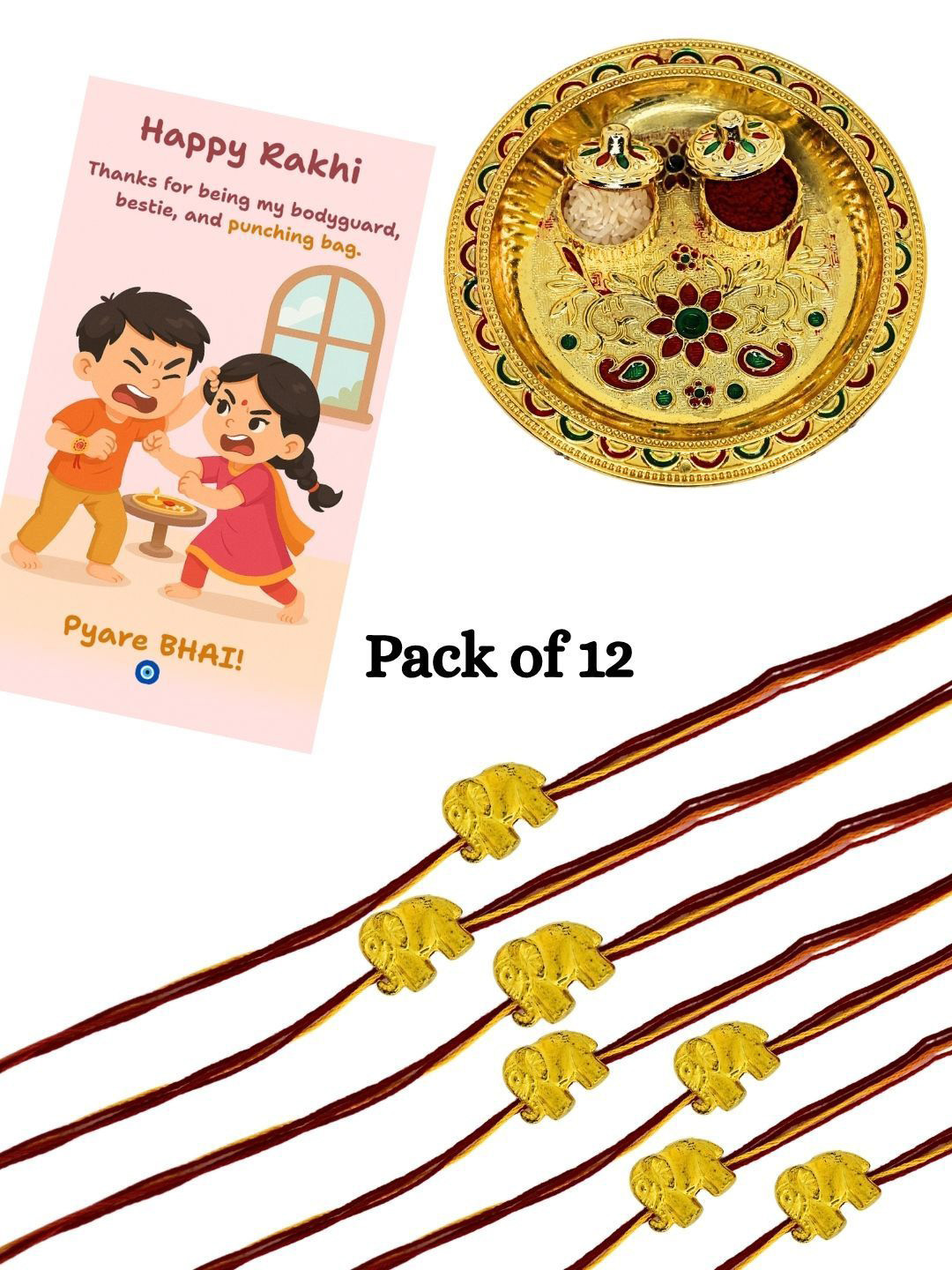 Anouk Set Of 12 Elephant Rakhi with Card & Roli Rice Pooja Thali