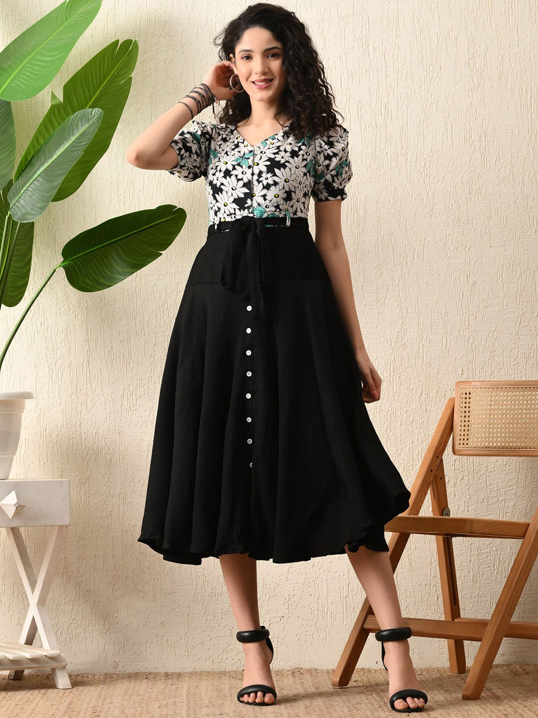 SHINISHA Women V-Neck Puff Sleeve Fit & Flare Midi Dress