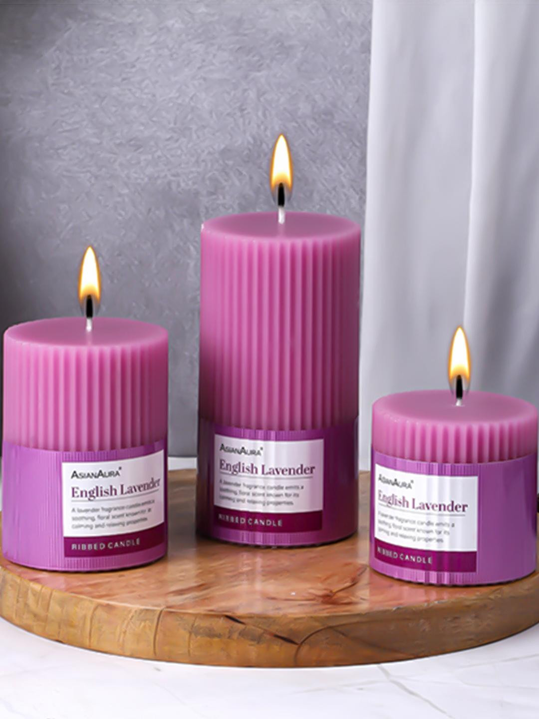 Asian Aura Ribbed Candle Home dcor 3Pcs English Lavender Solid Pillar Candles