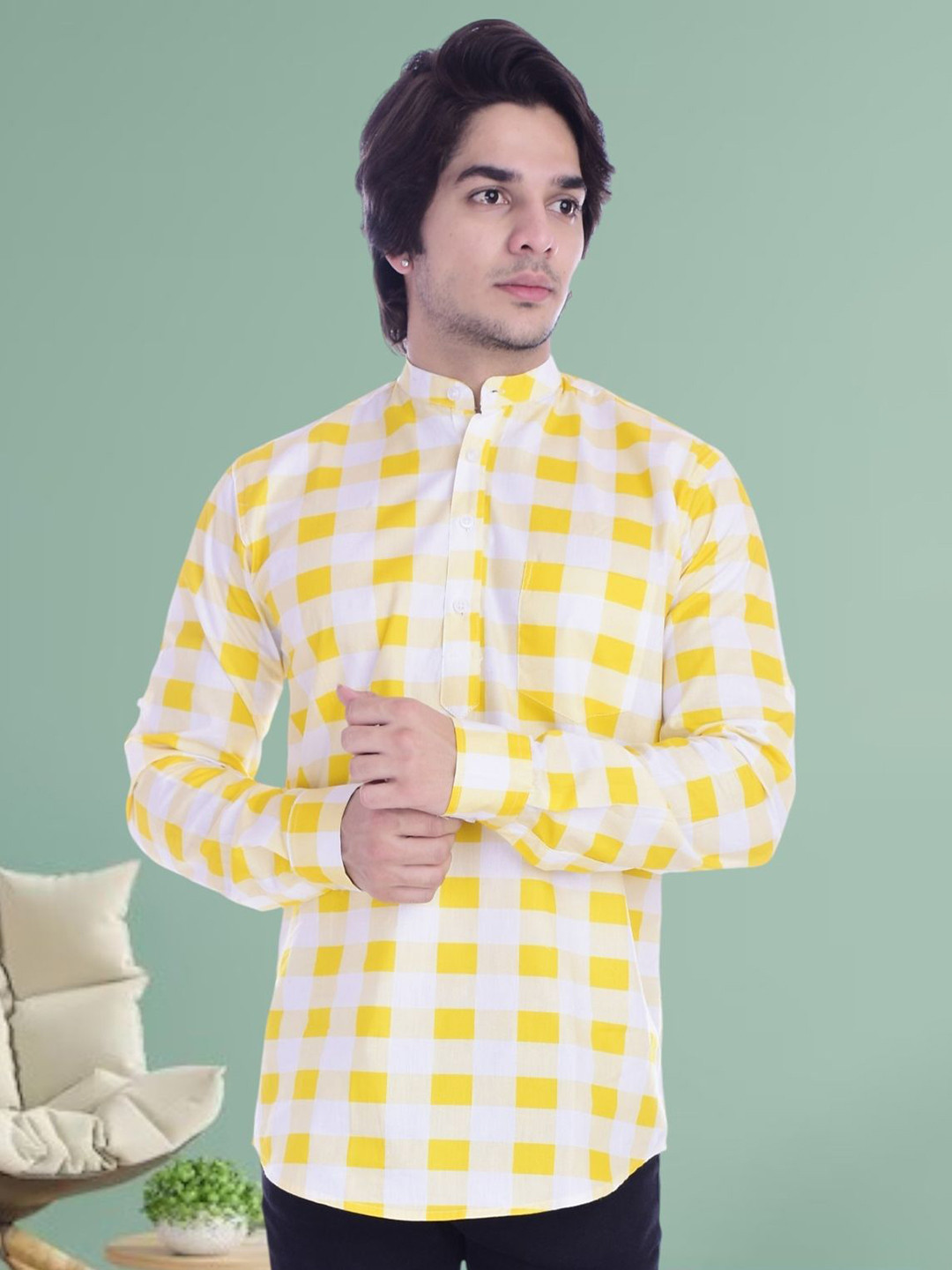 BASE 41 Men Checked Thread Work Kurta