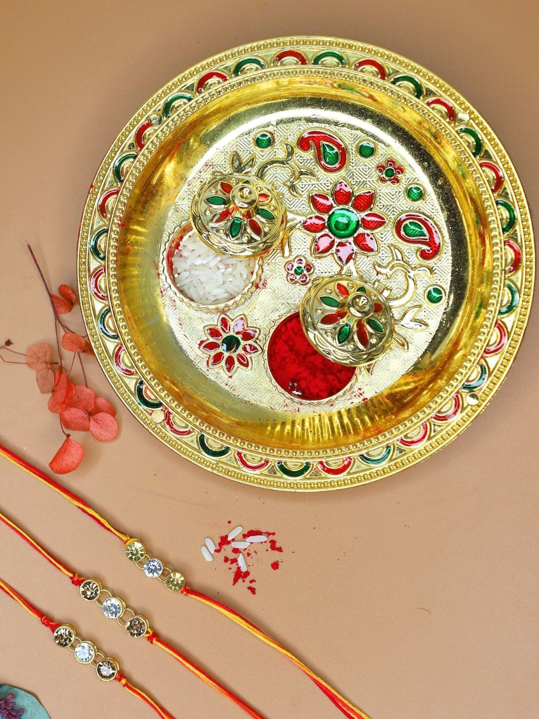 Anouk Set Of 3 Stones Studded Minimal Thread Rakhis With Card & Pooja Thali