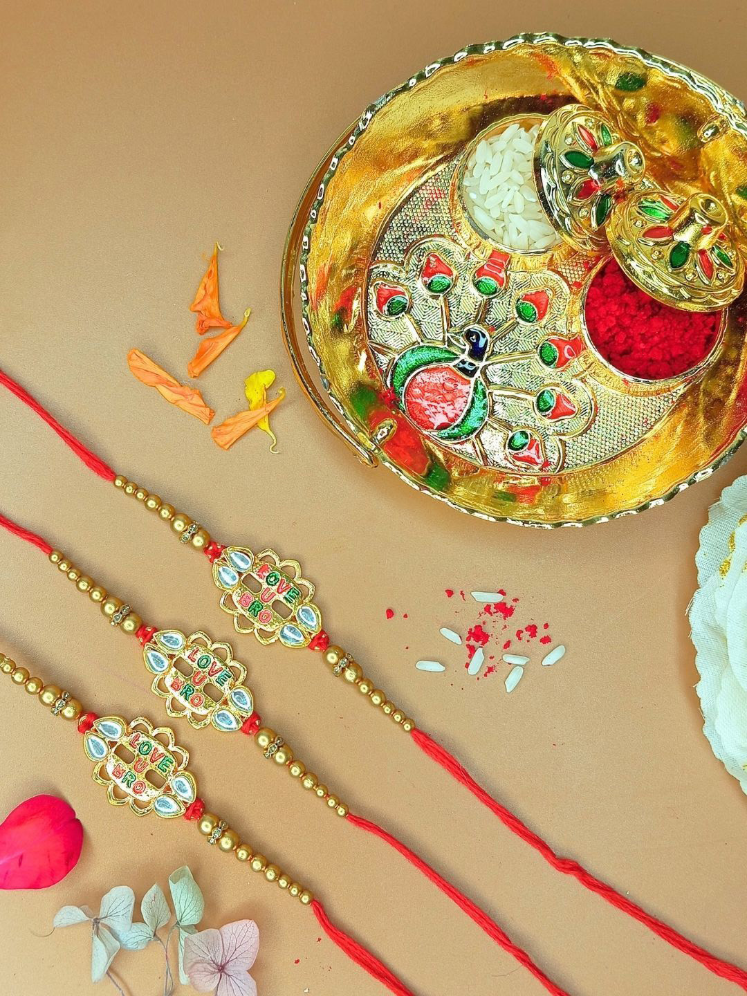 Anouk Set Of 3 Love U Bro Rakhi With Roli Chawal & Funny Card