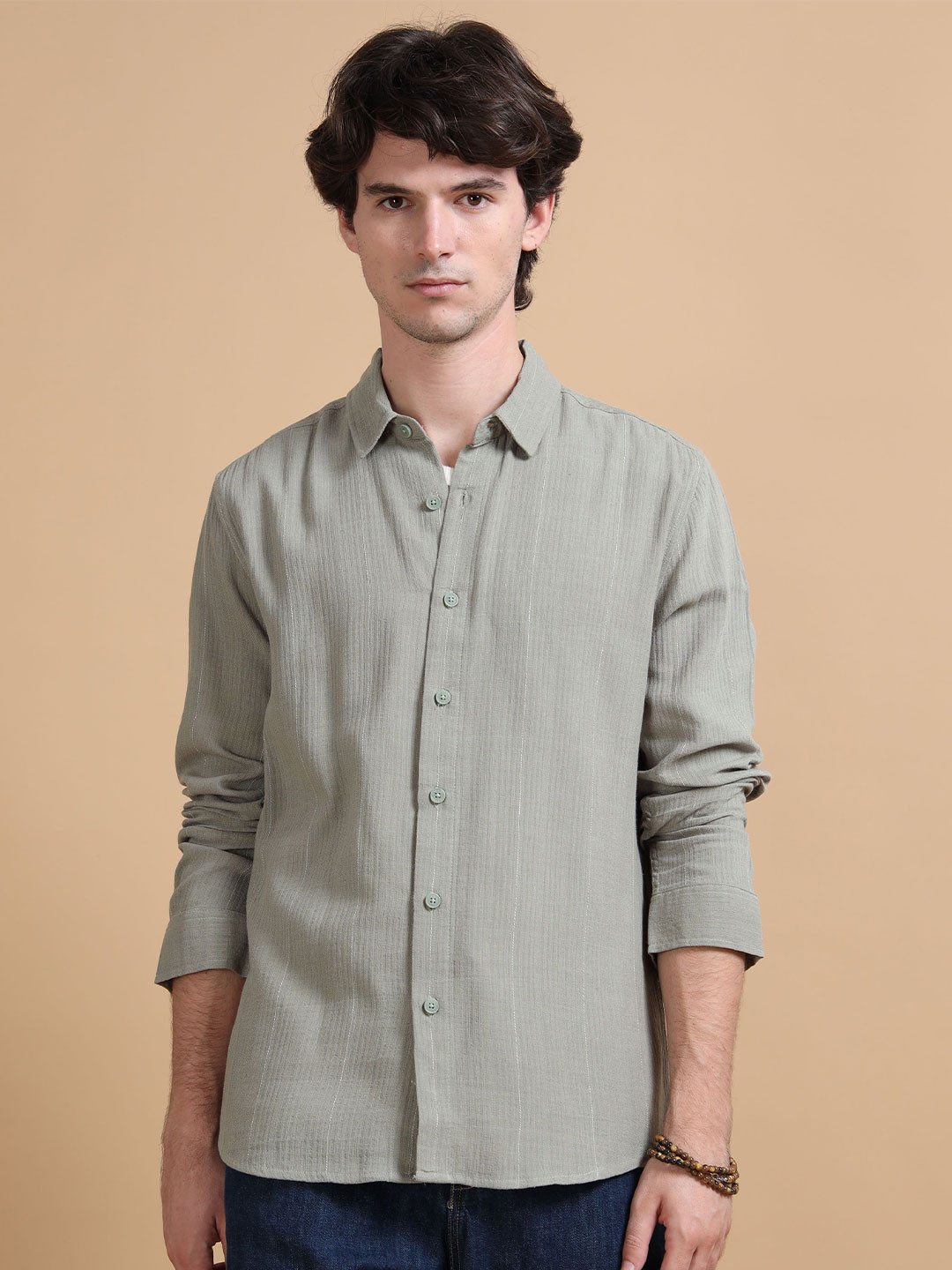 StitchX Men Long Sleeve Dobby Textured Striped Shirt