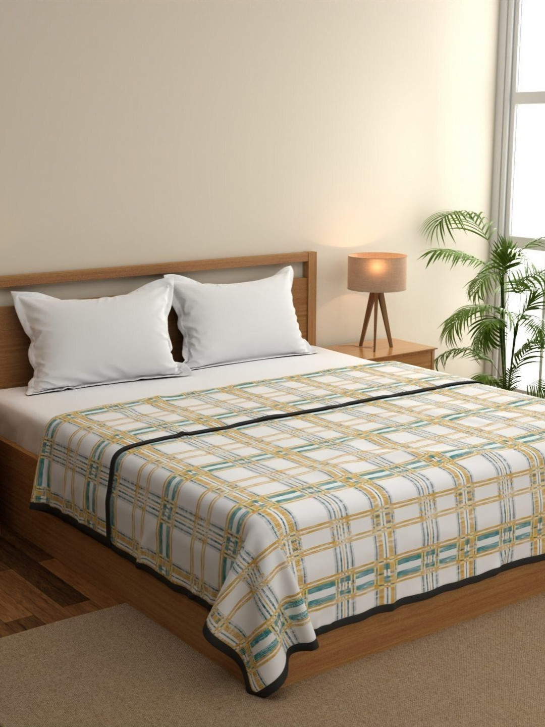 home expressions Ambrosia White & Yellow Checked Cotton AC Room 120 GSM Double Bed Dohar