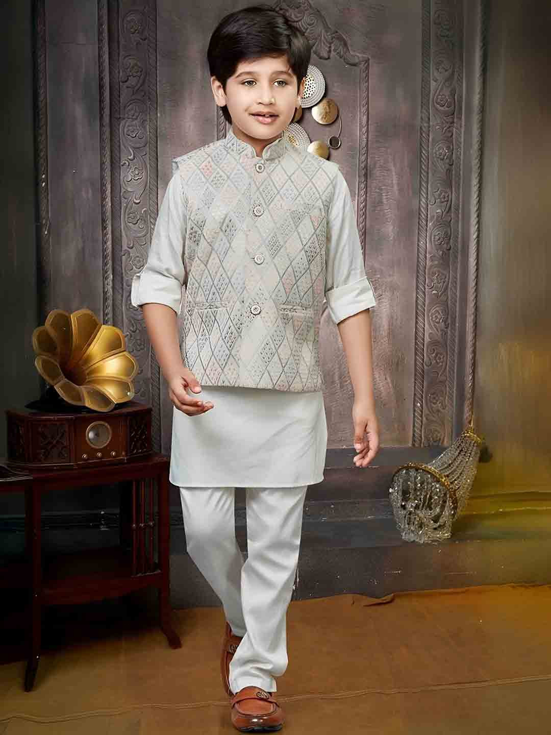 BAESD Boys Mandarin Collar Thread Work Straight Kurta With Trouser & Nehru Jecket