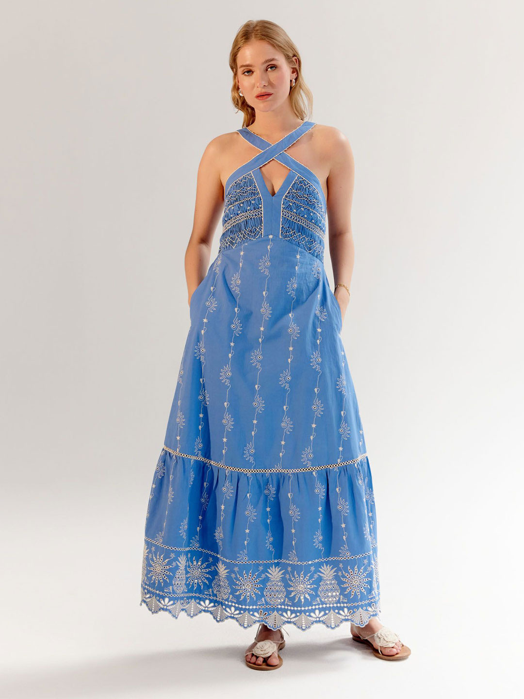 NOIB Women Halter Neck Ethnic Motifs Embroidered Maxi Schiffli Dress