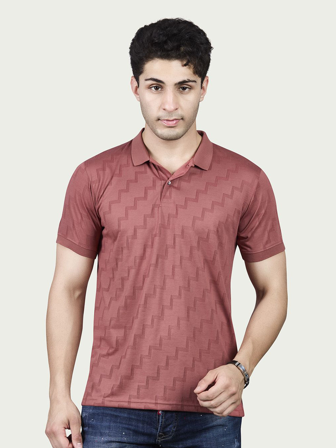 BE POSITIVE Men Rust Self Design Polo Collar T-shirt