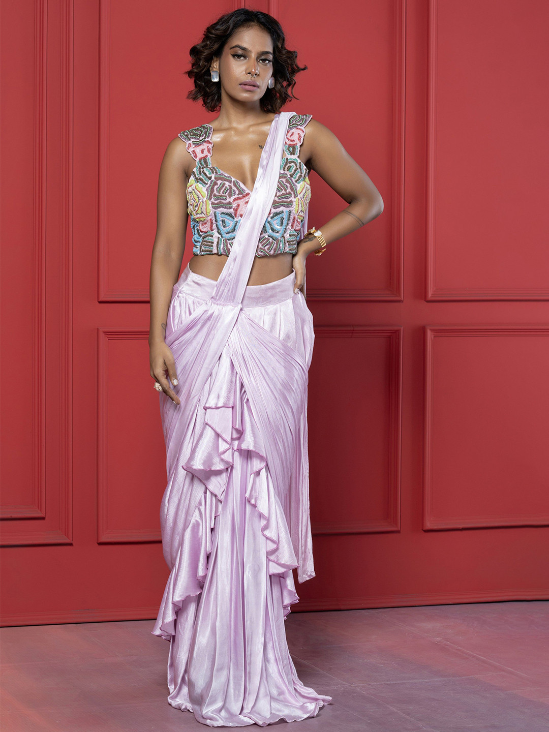 GloballyRonakRBafna Jute Silk Ruffles Ready to Wear Saree