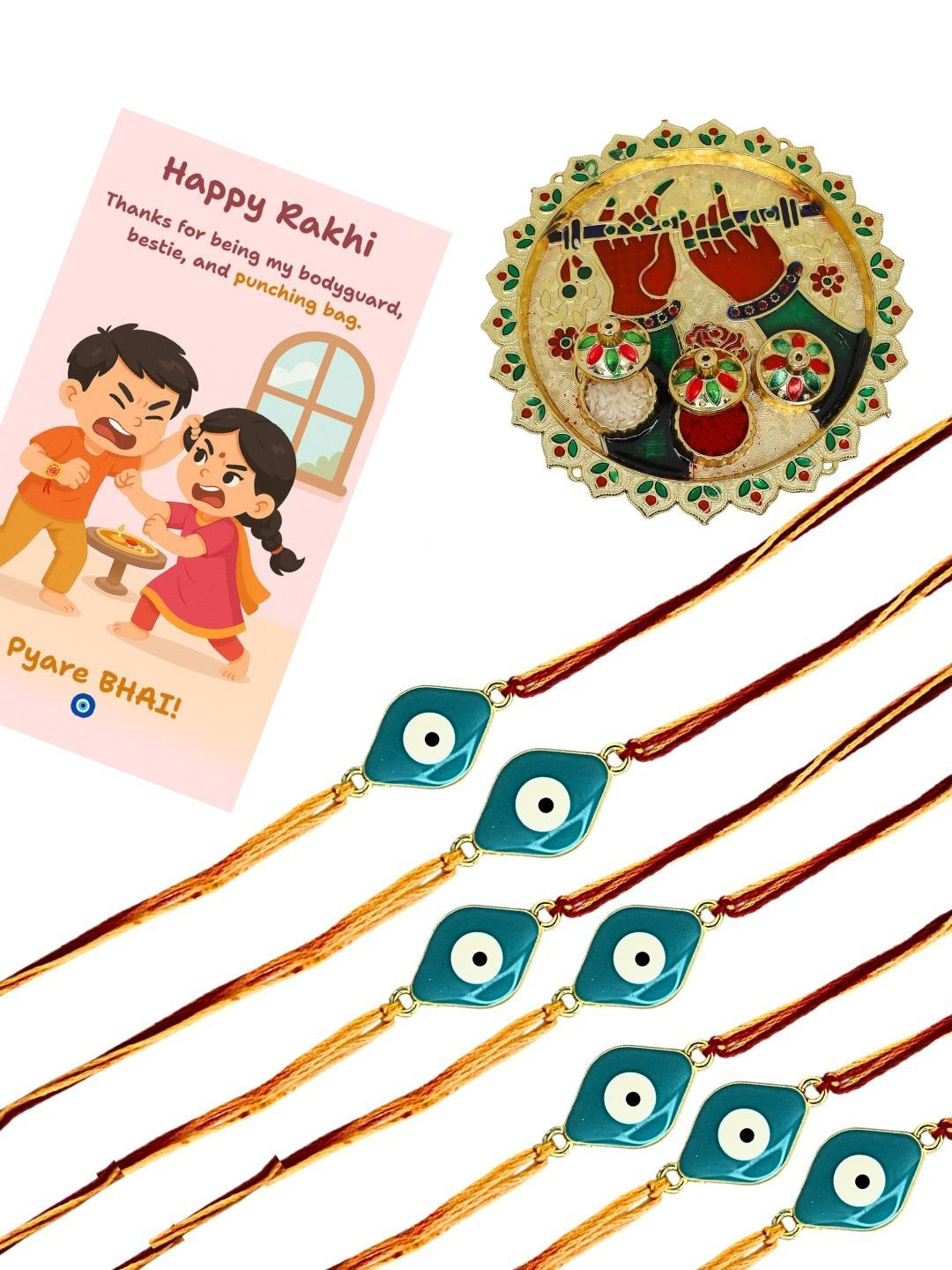 Anouk Set Of 12 Artificial Beaded Evil Eye Rakhis With Roli And Chawal, Card And Thali